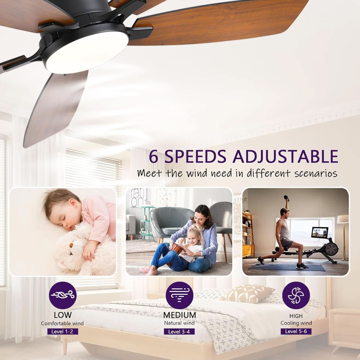 52 Inch Dimmable LED Ceiling Fan Flush Mount Efficient