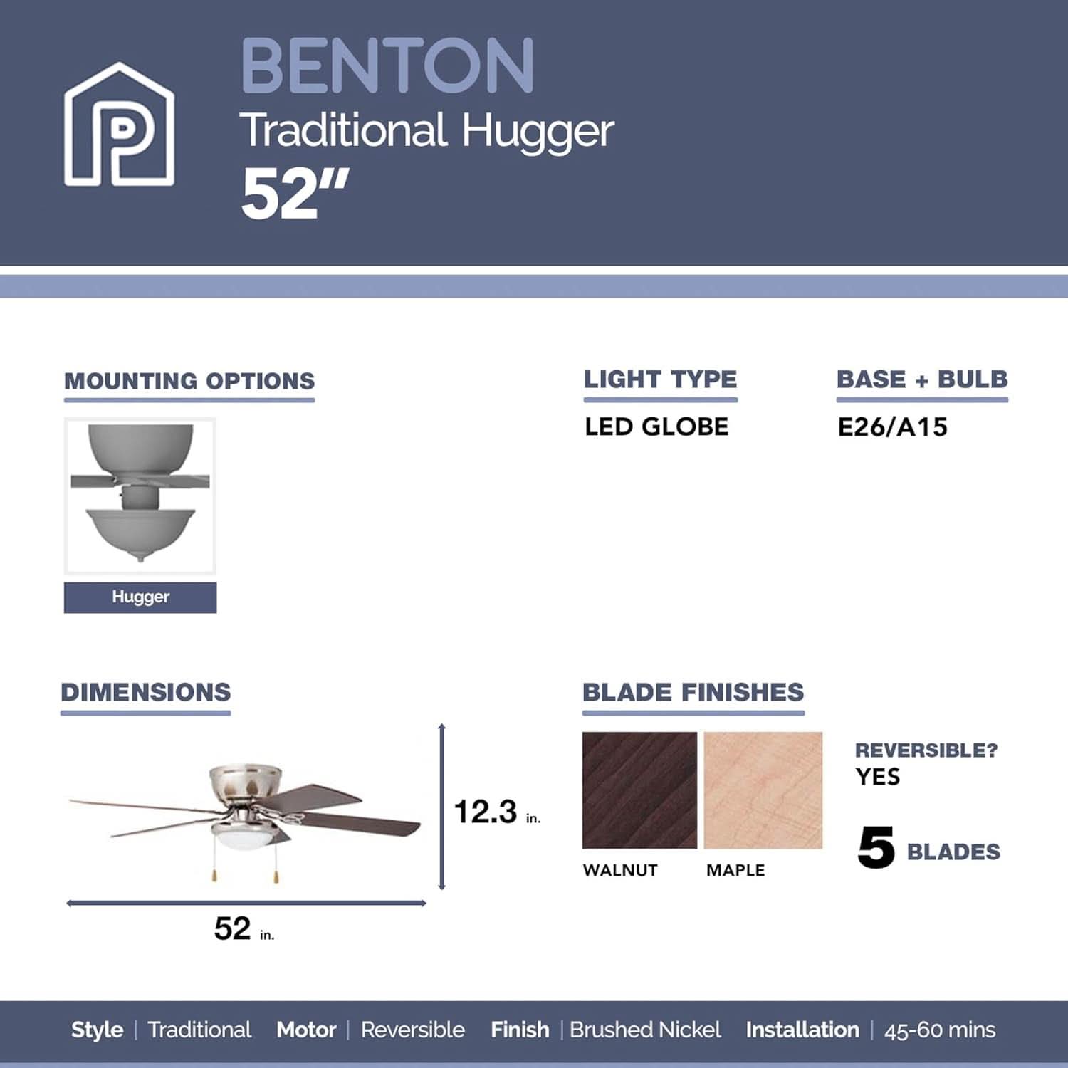 52 Inch Energy Efficient Ceiling Fan LED Lighting Remote