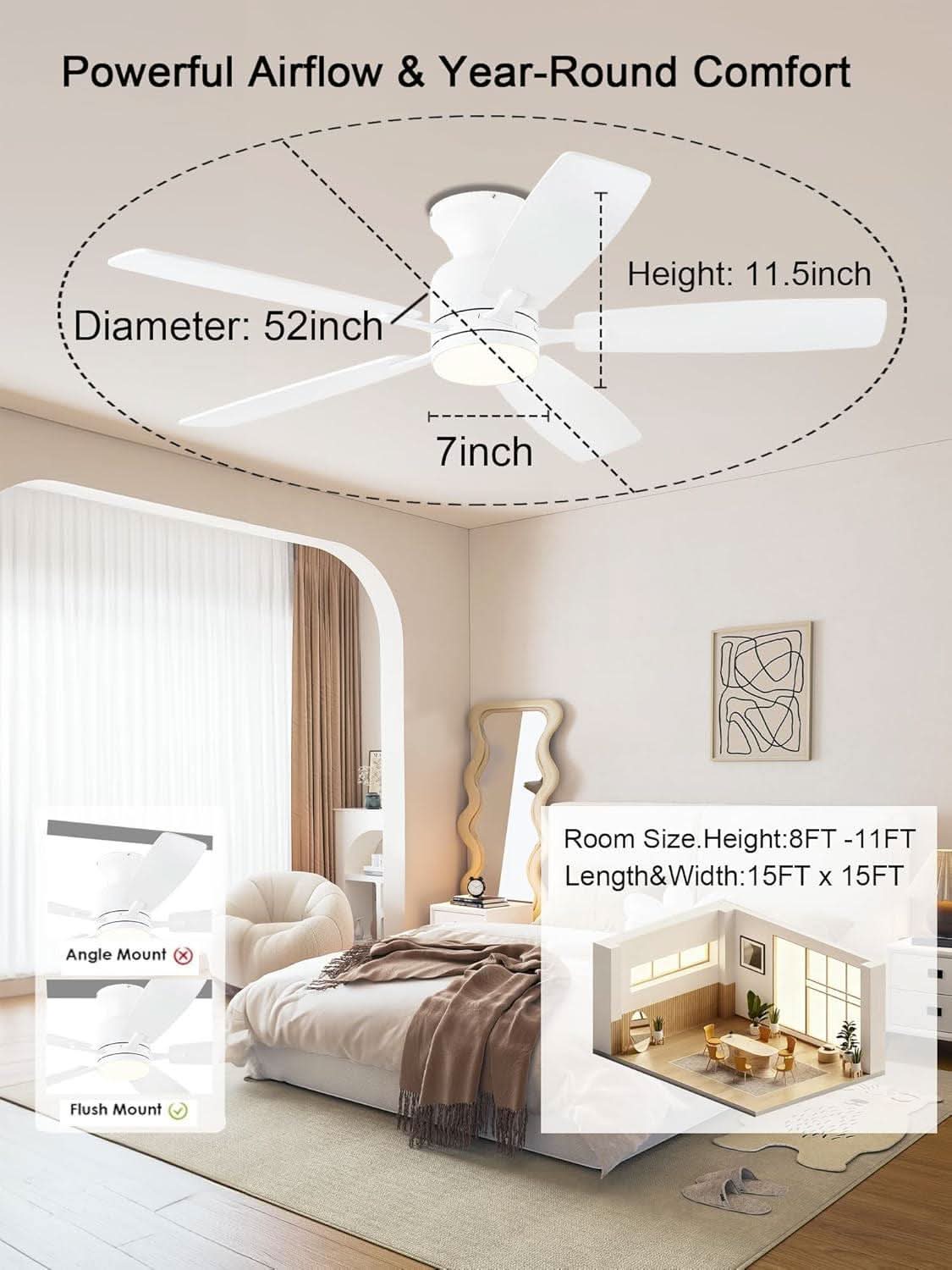 52 Inch Flush Mount Ceiling Fan Remote App Control