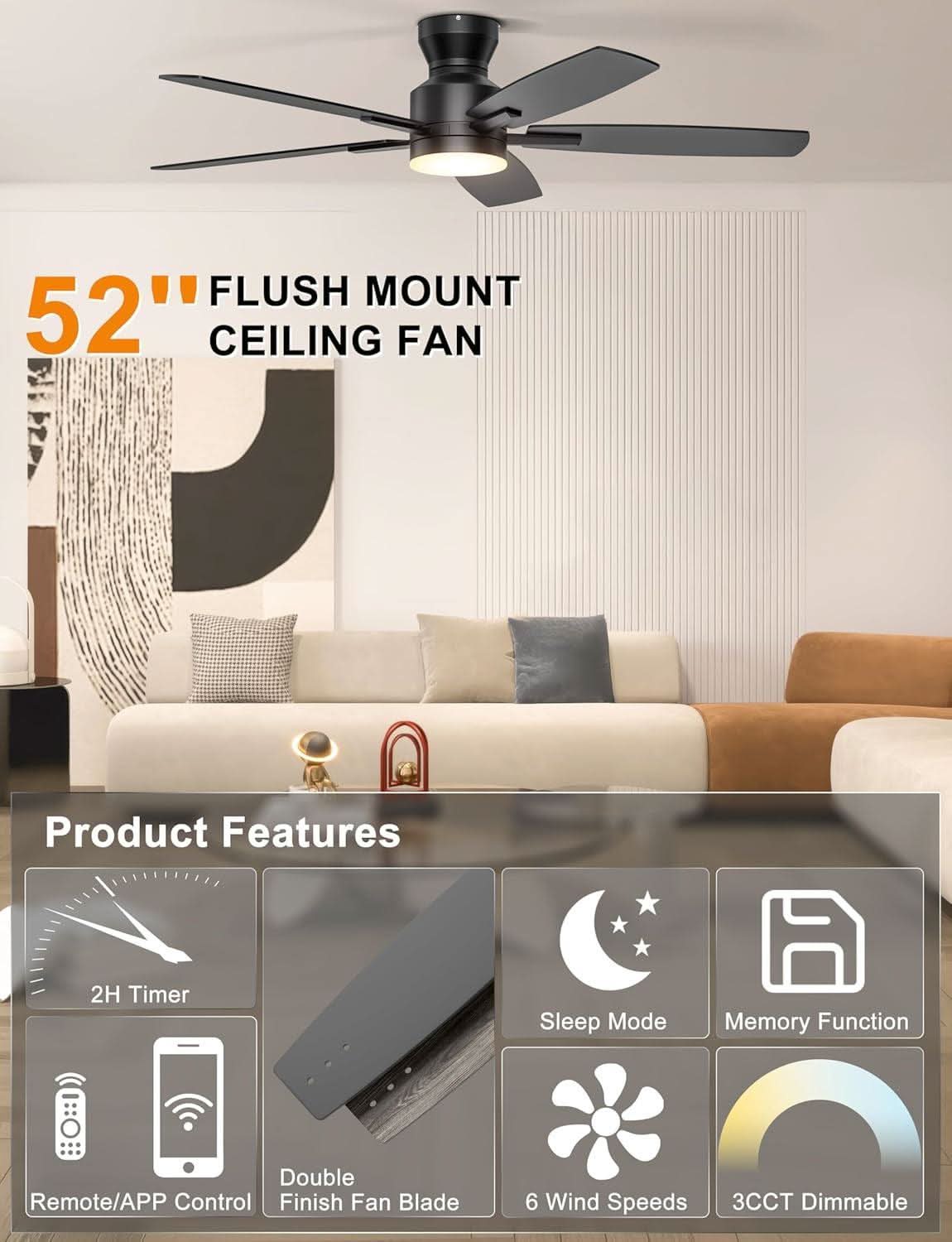 52 Inch Flush Mount Ceiling Fan With Remote App Control