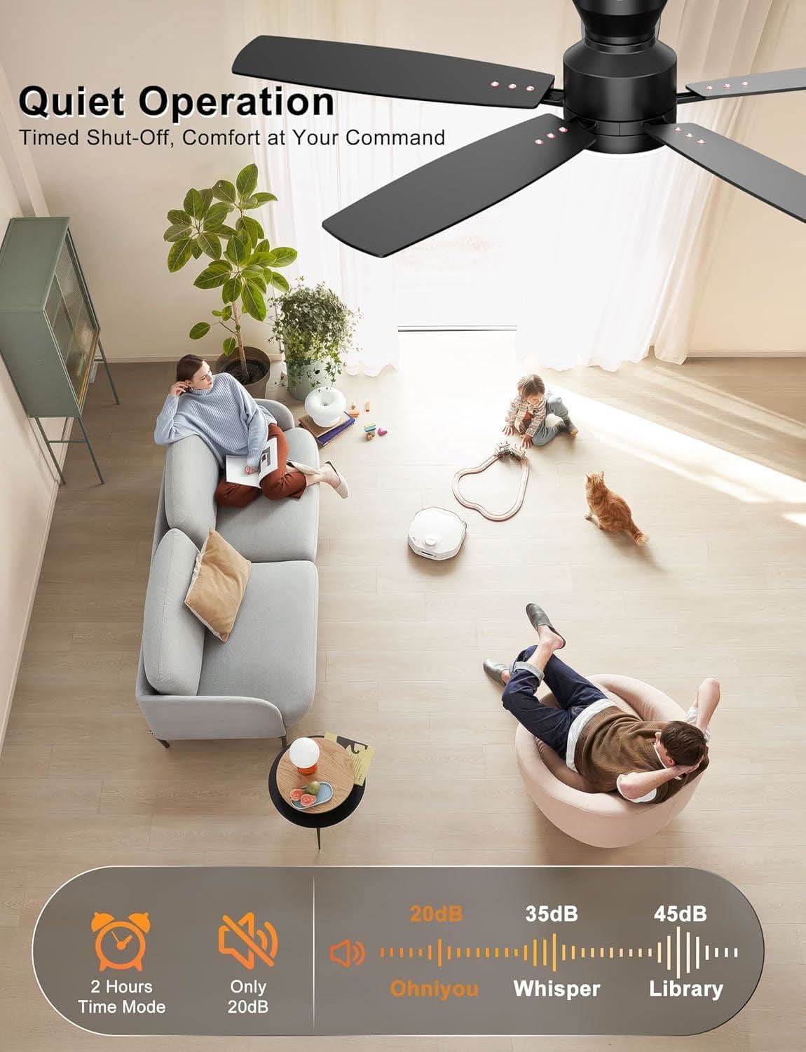 52 Inch Flush Mount Ceiling Fan With Remote App Control