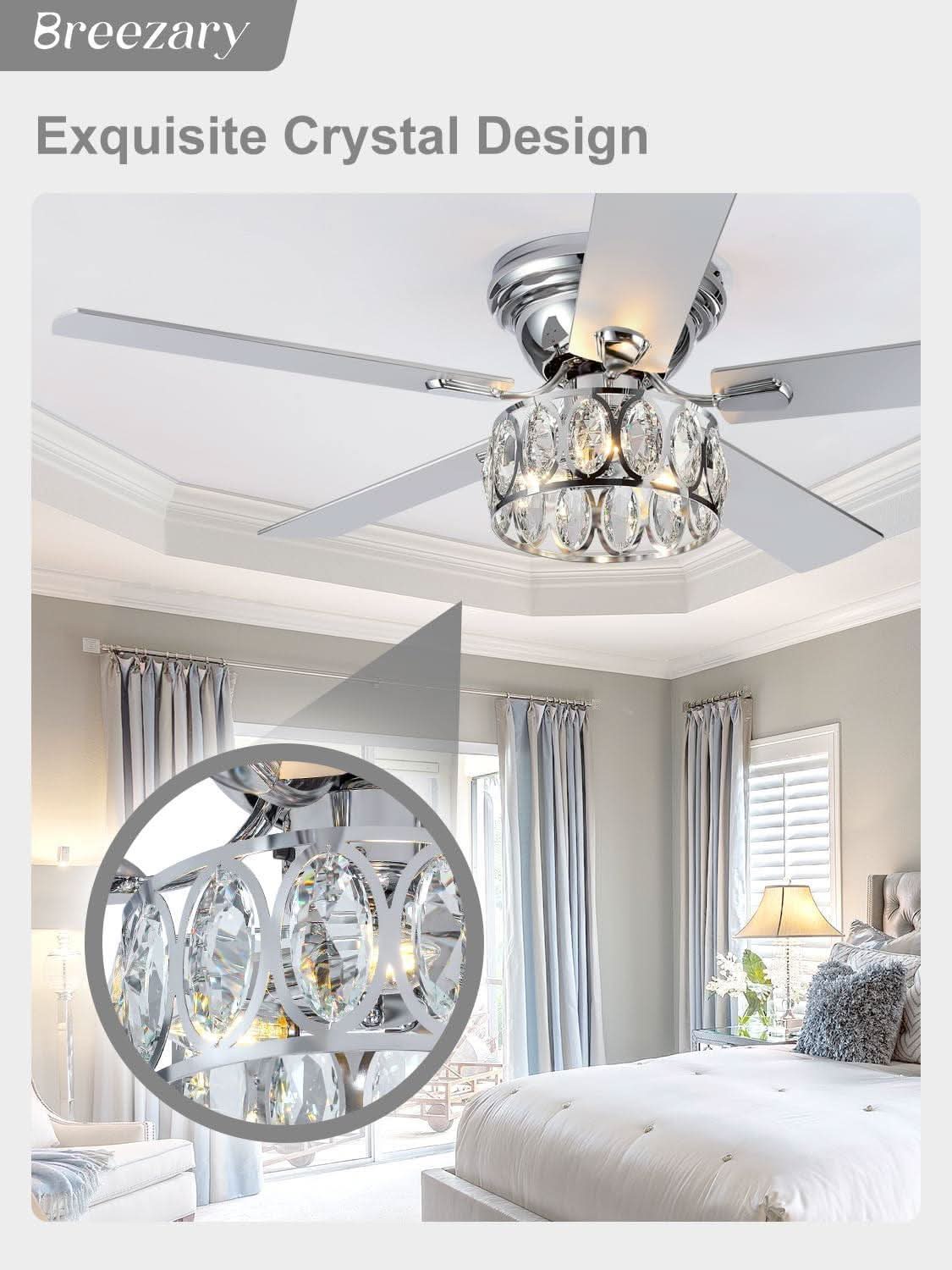 52 Inch Flush Mount Ceiling Fan With Remote LED Crystal Lighting