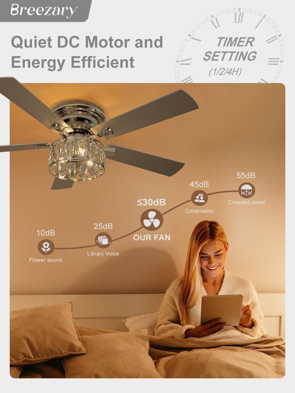 52 Inch Flush Mount Ceiling Fan With Remote LED Crystal Lighting