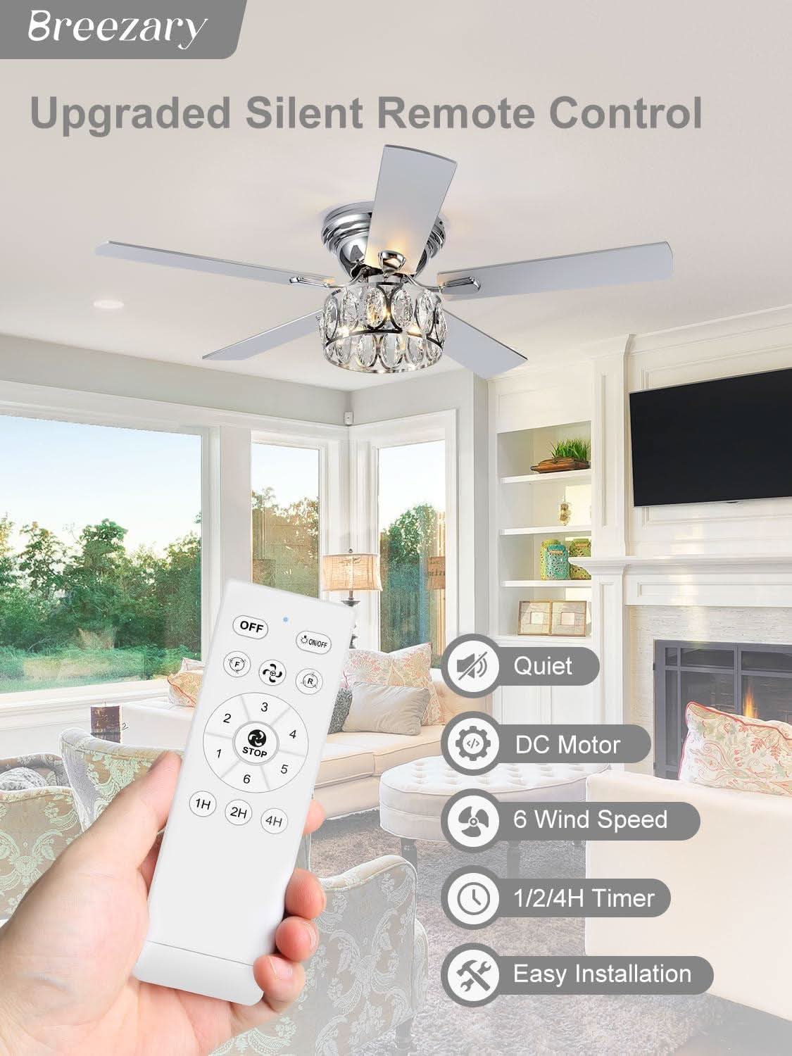52 Inch Flush Mount Ceiling Fan With Remote LED Crystal Lighting