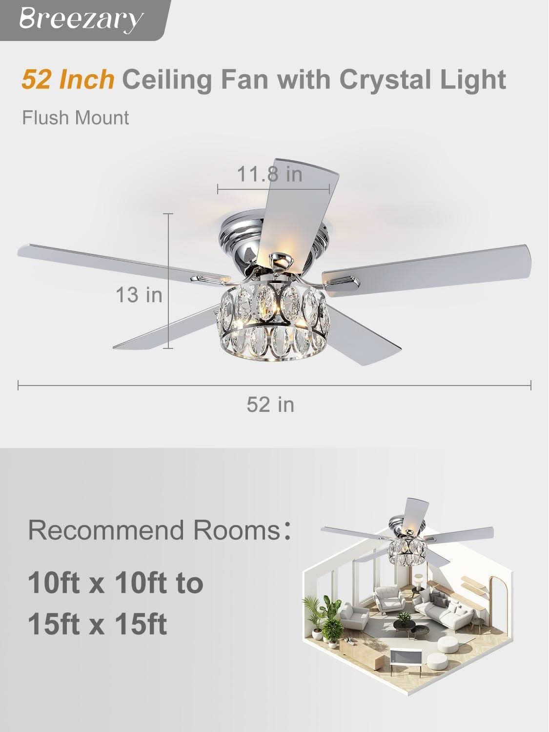 52 Inch Flush Mount Ceiling Fan With Remote LED Crystal Lighting