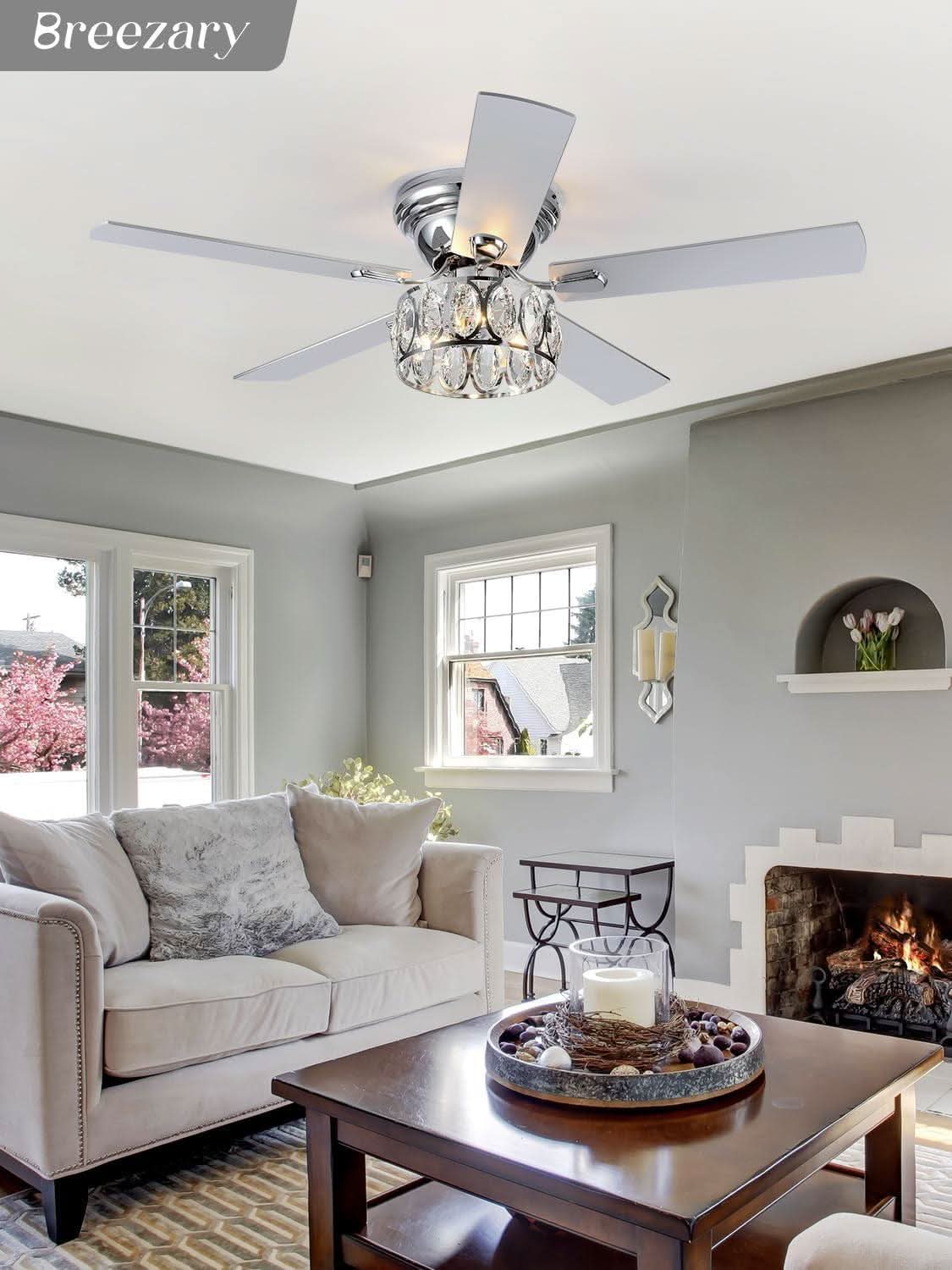 52 Inch Flush Mount Ceiling Fan With Remote LED Crystal Lighting