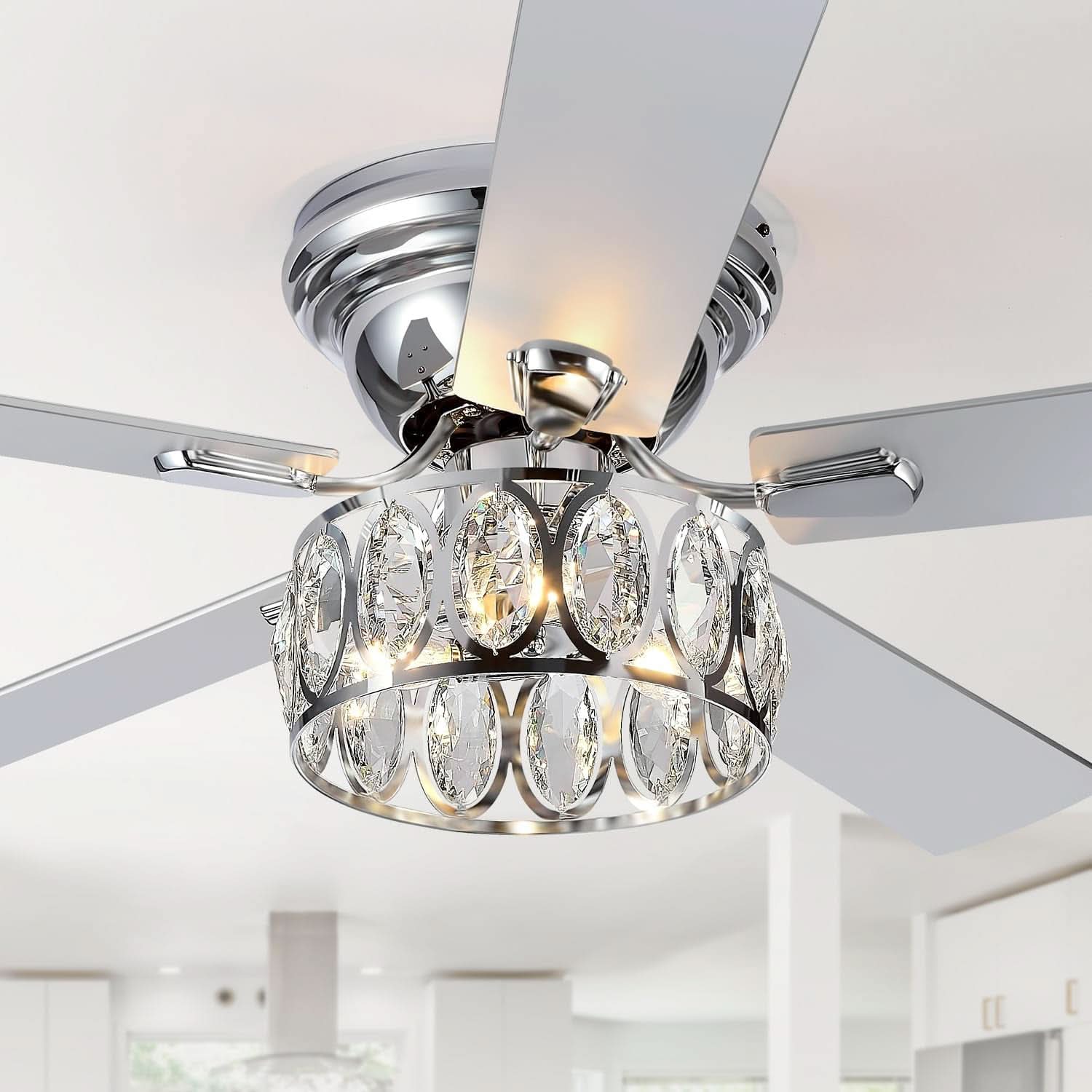 52 Inch Flush Mount Ceiling Fan With Remote LED Crystal Lighting