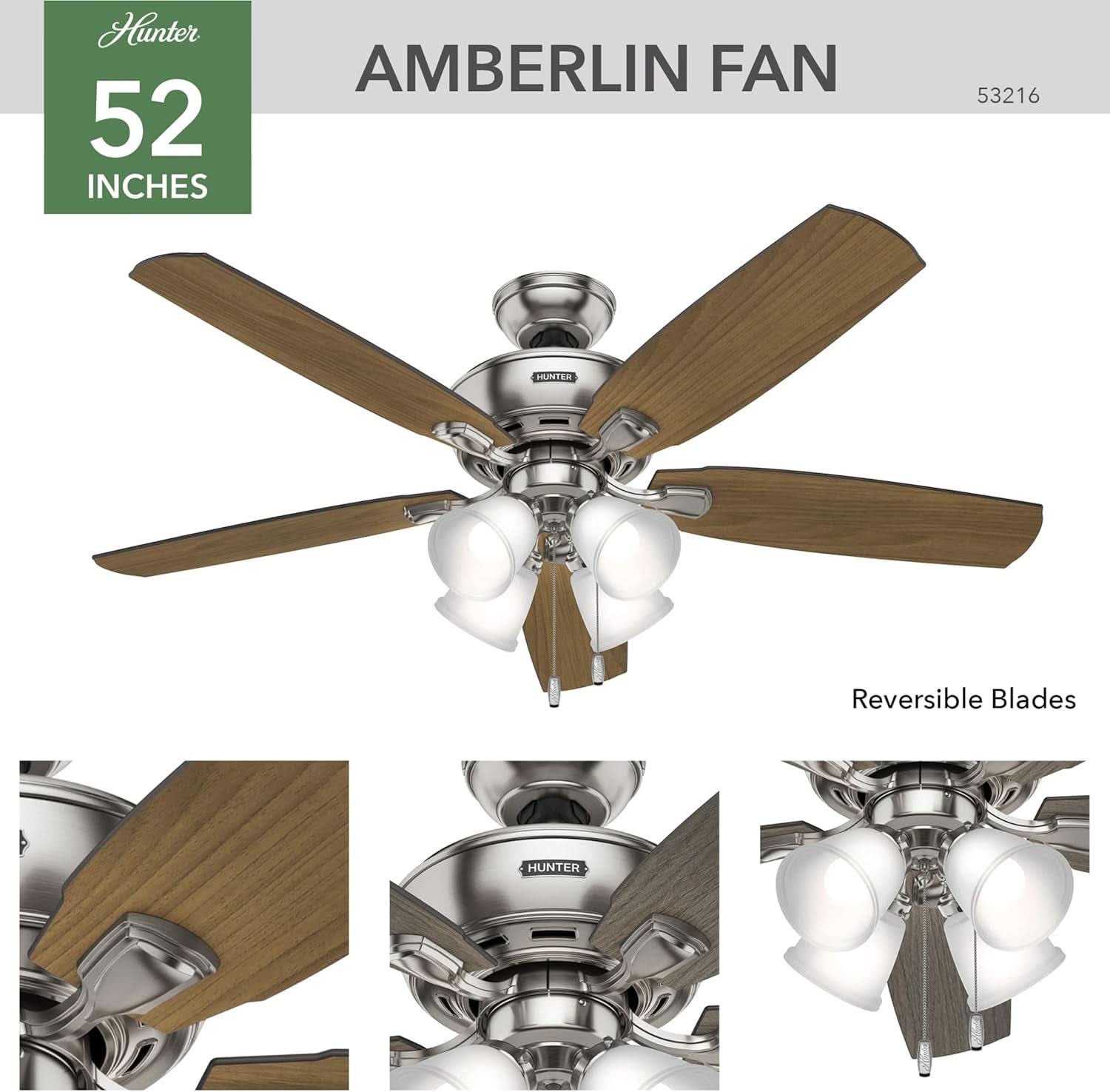 52 Inch Indoor Ceiling Fan With LED Lighting Brushed Nickel