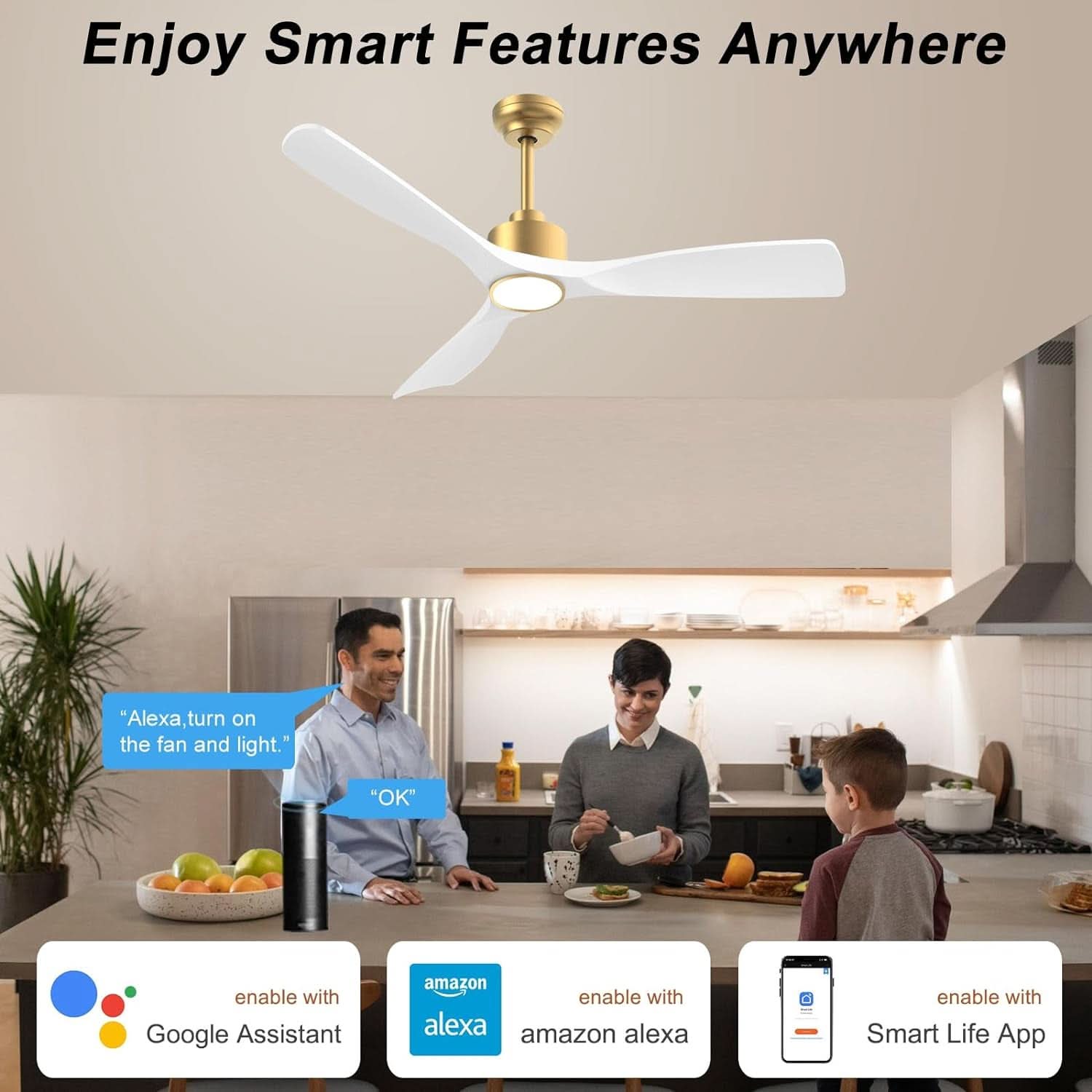 52 Inch Indoor Outdoor Smart Ceiling Fan Dimmable Lights