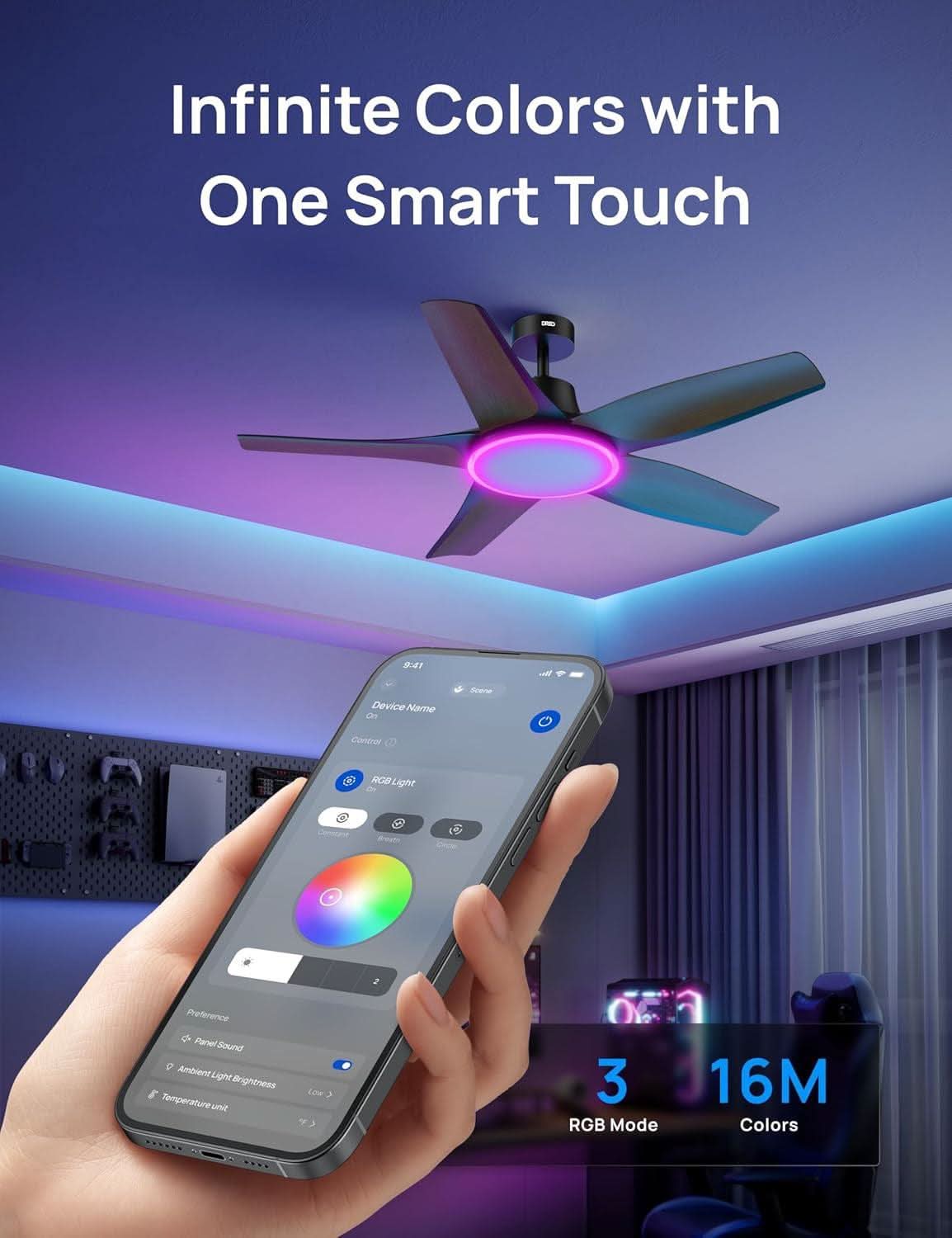 52 Inch Low Profile Smart Ceiling Fan Alexa RGB Lighting