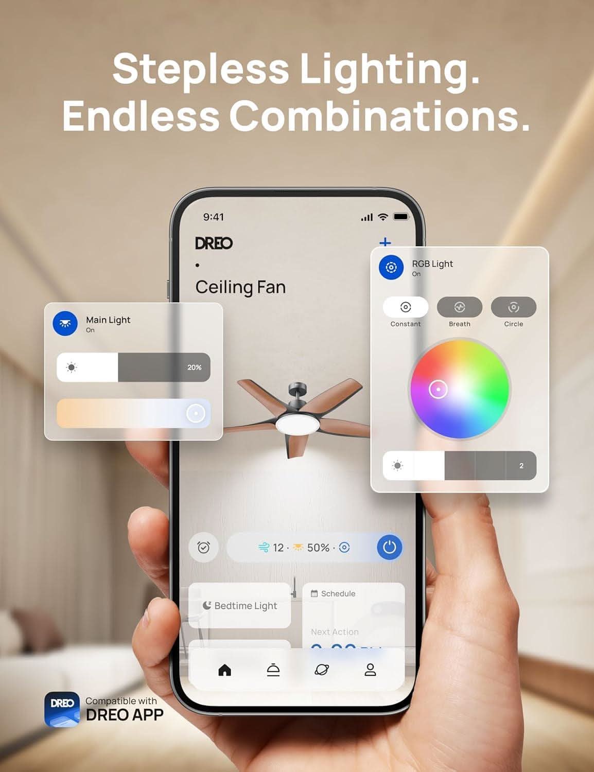 52 Inch Low Profile Smart Ceiling Fan Alexa RGB Lighting