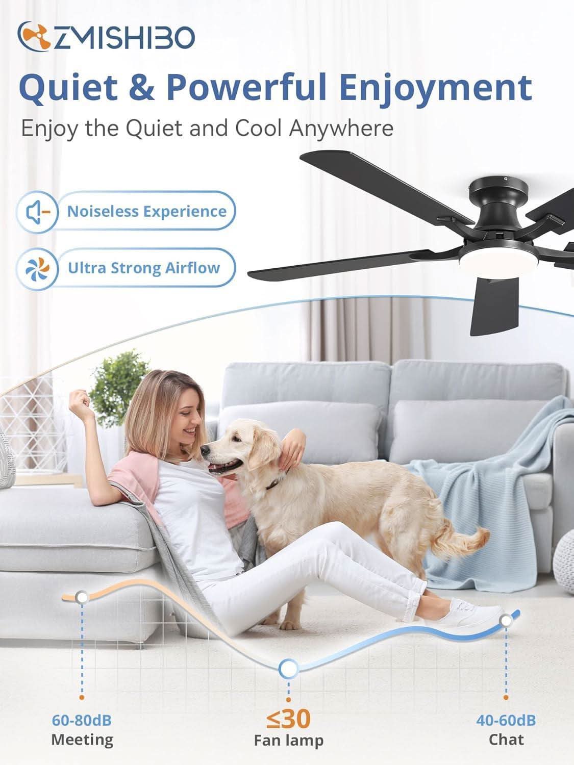 52 Inch Matte Black Ceiling Fan With Dimmable LED Light