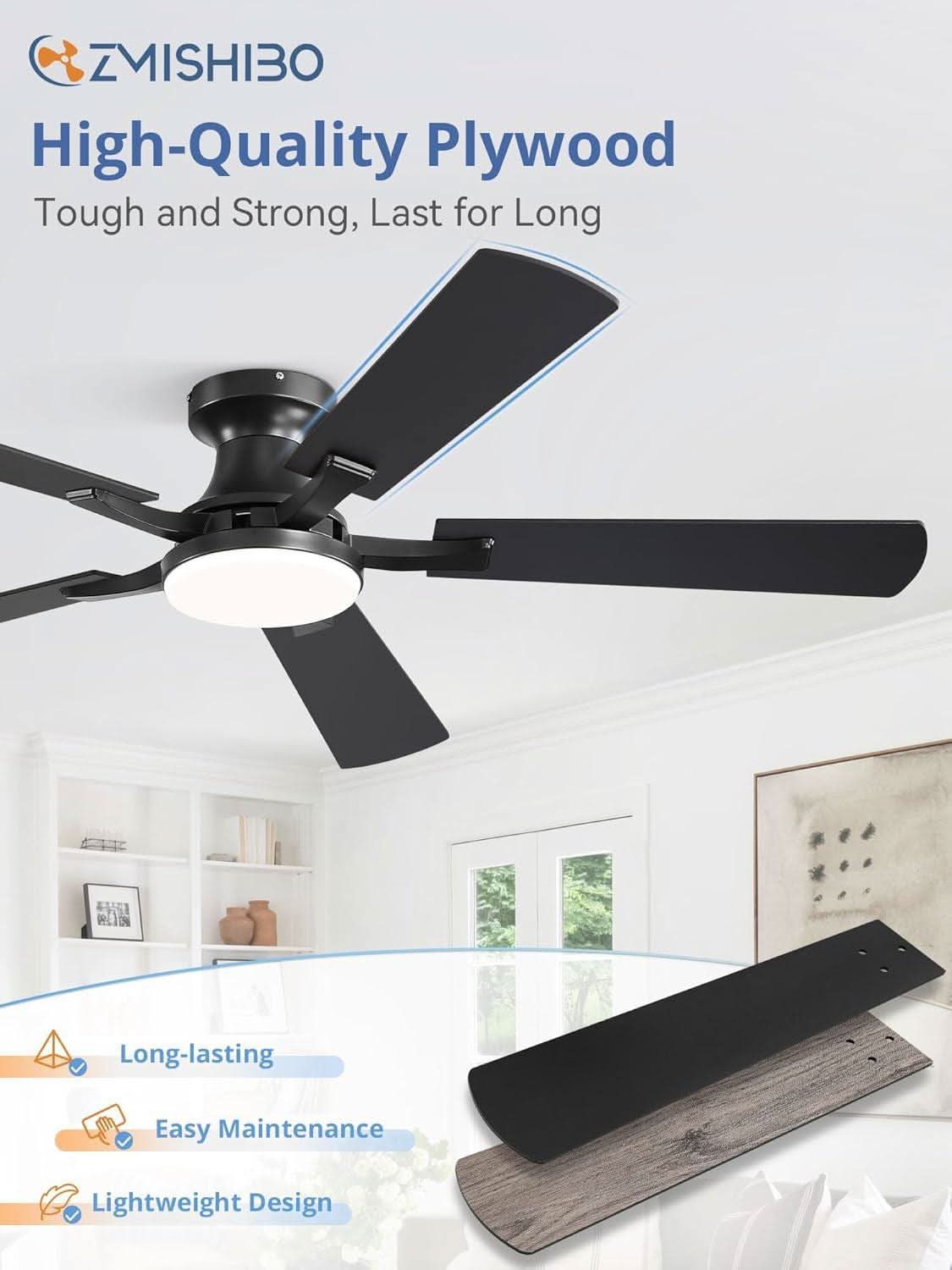 52 Inch Matte Black Ceiling Fan With Dimmable LED Light