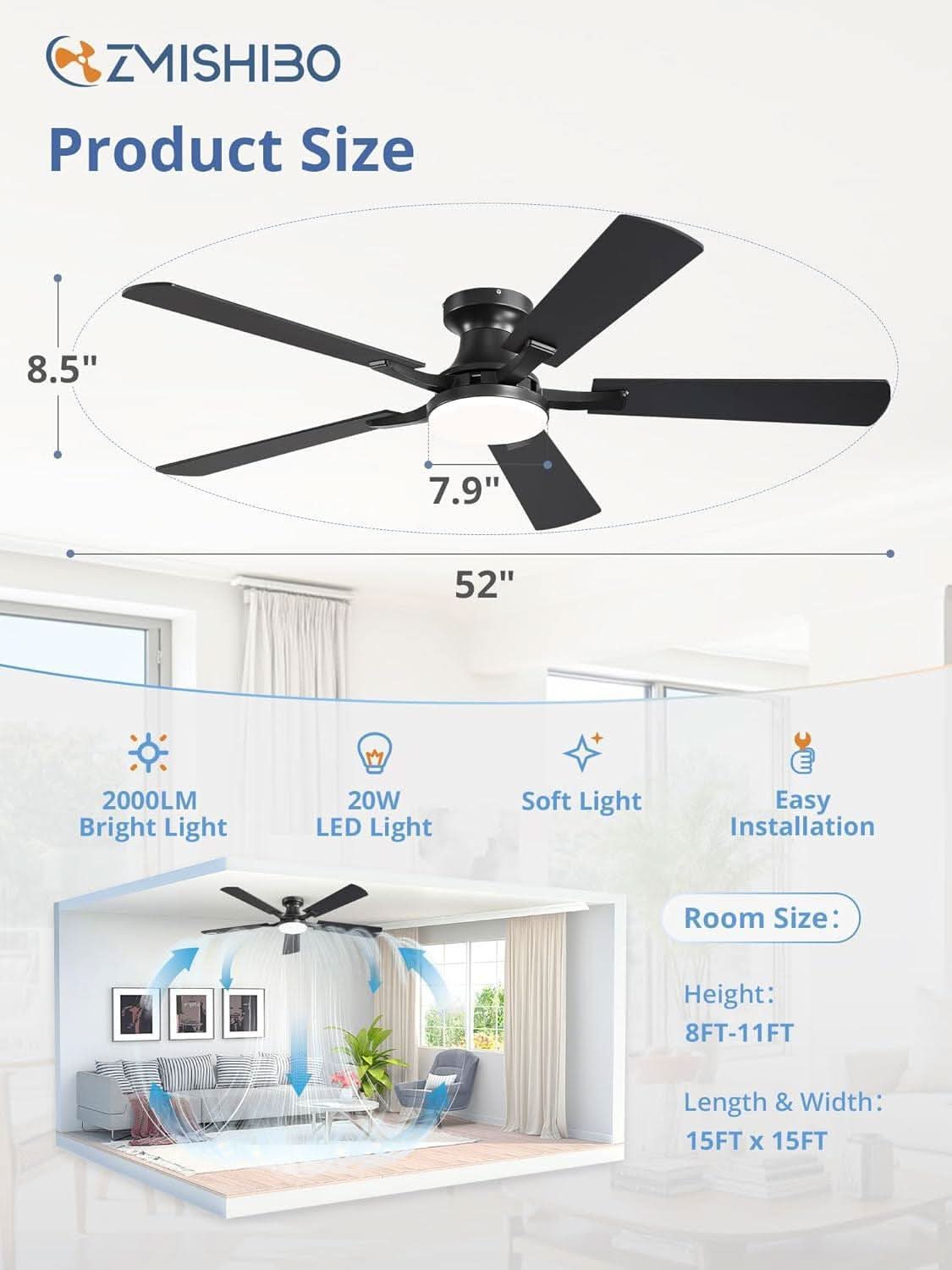 52 Inch Matte Black Ceiling Fan With Dimmable LED Light