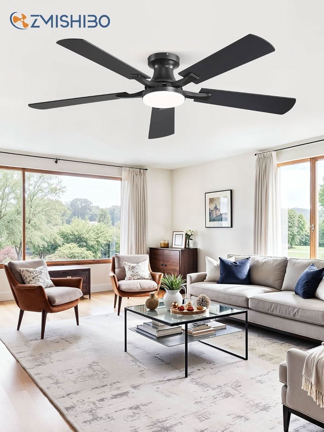52 Inch Matte Black Ceiling Fan With Dimmable LED Light