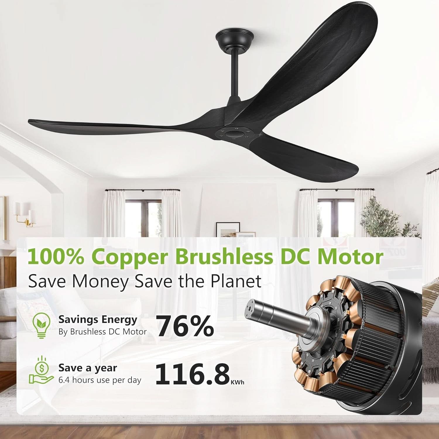 52 Inch Matte Black Ceiling Fan With Remote Walnut Blades
