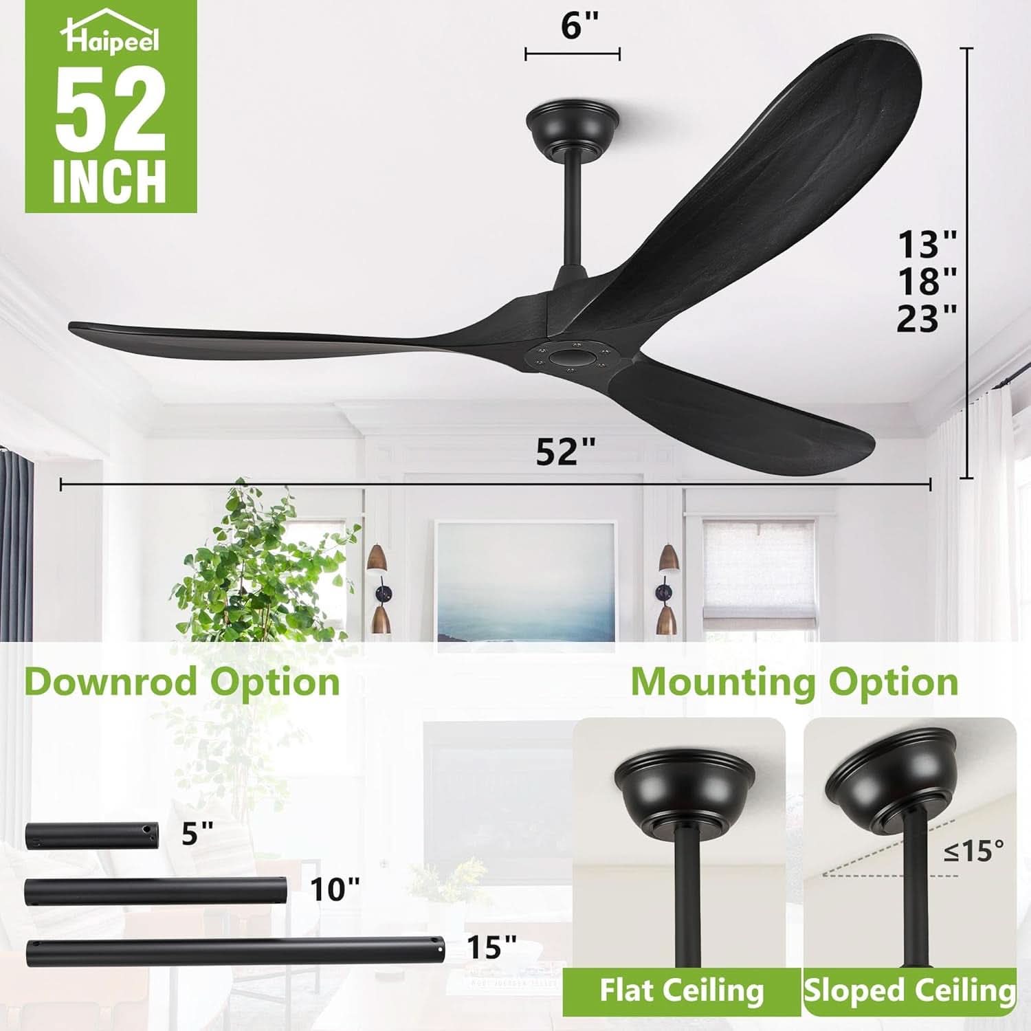 52 Inch Matte Black Ceiling Fan With Remote Walnut Blades