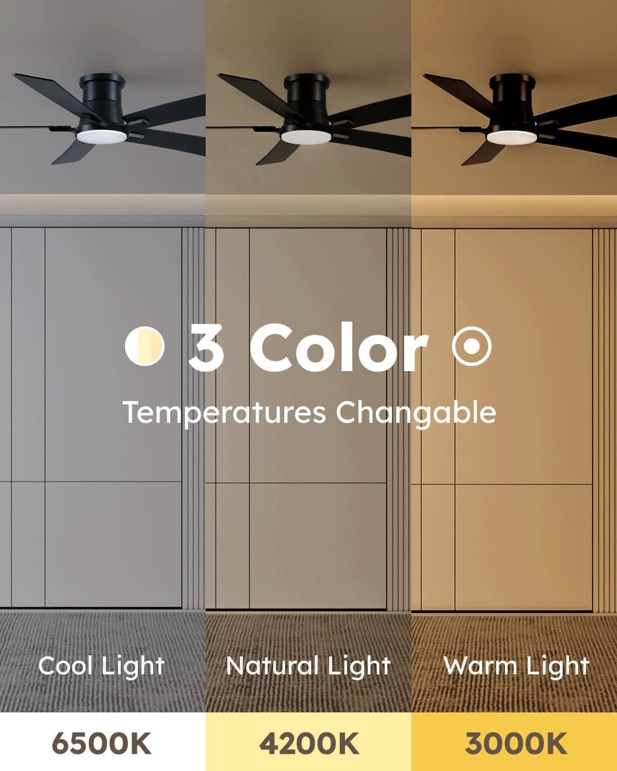 52 Inch Matte Black Flush Mount Ceiling Fan With Lights