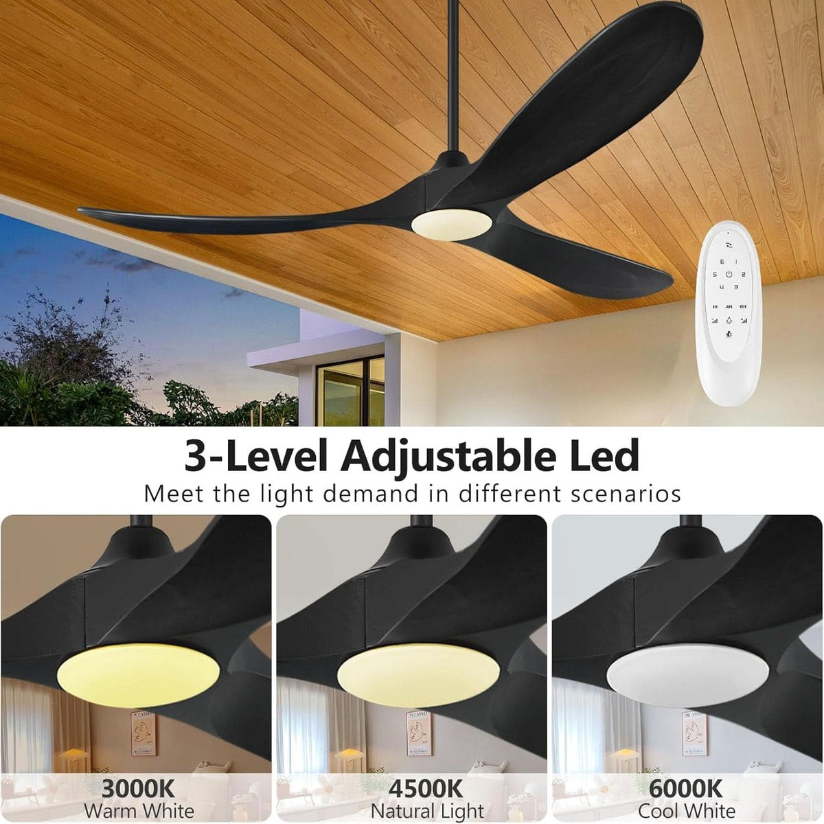 52 Inch Matte Black Wood Ceiling Fan With Remote Light