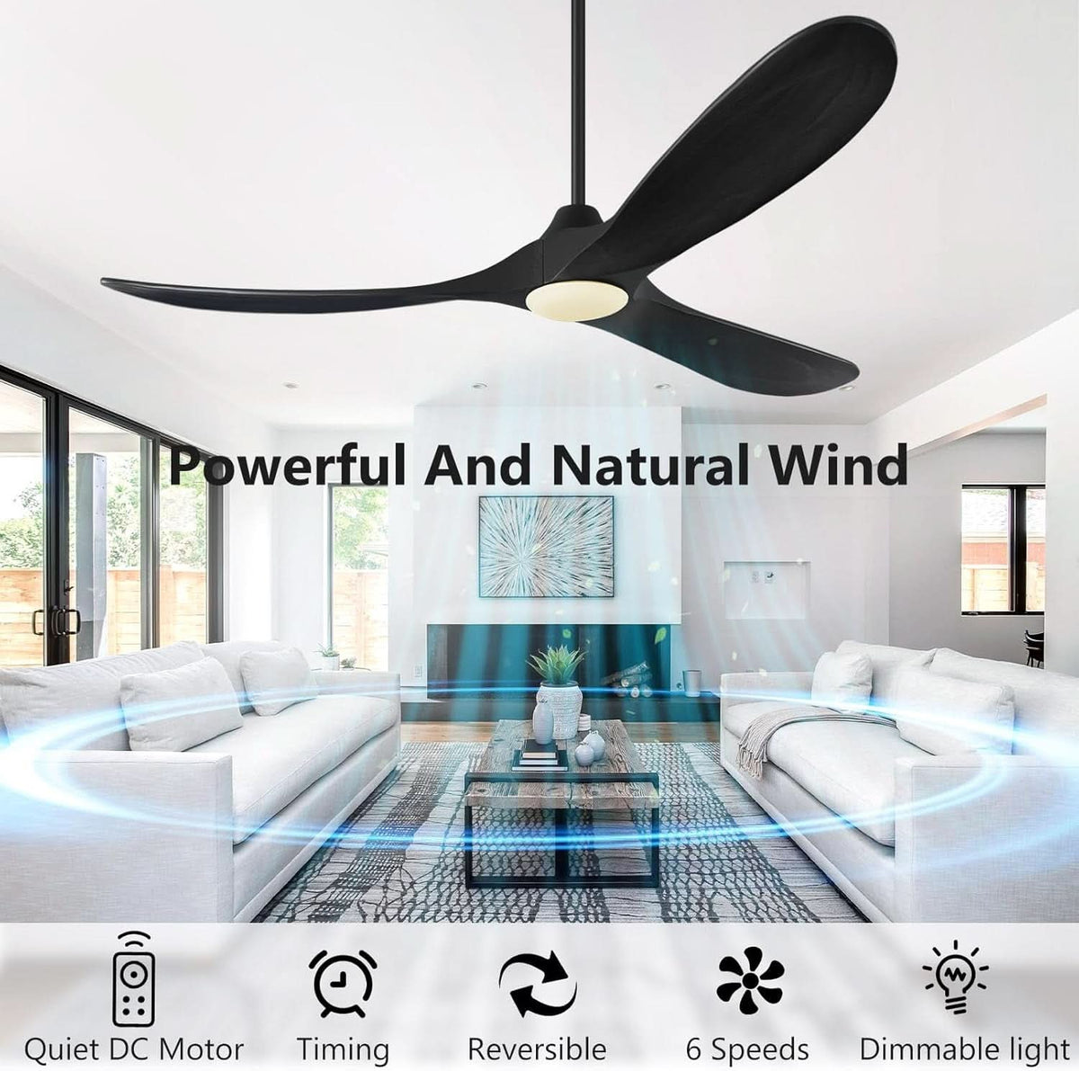 52 Inch Matte Black Wood Ceiling Fan With Remote Light