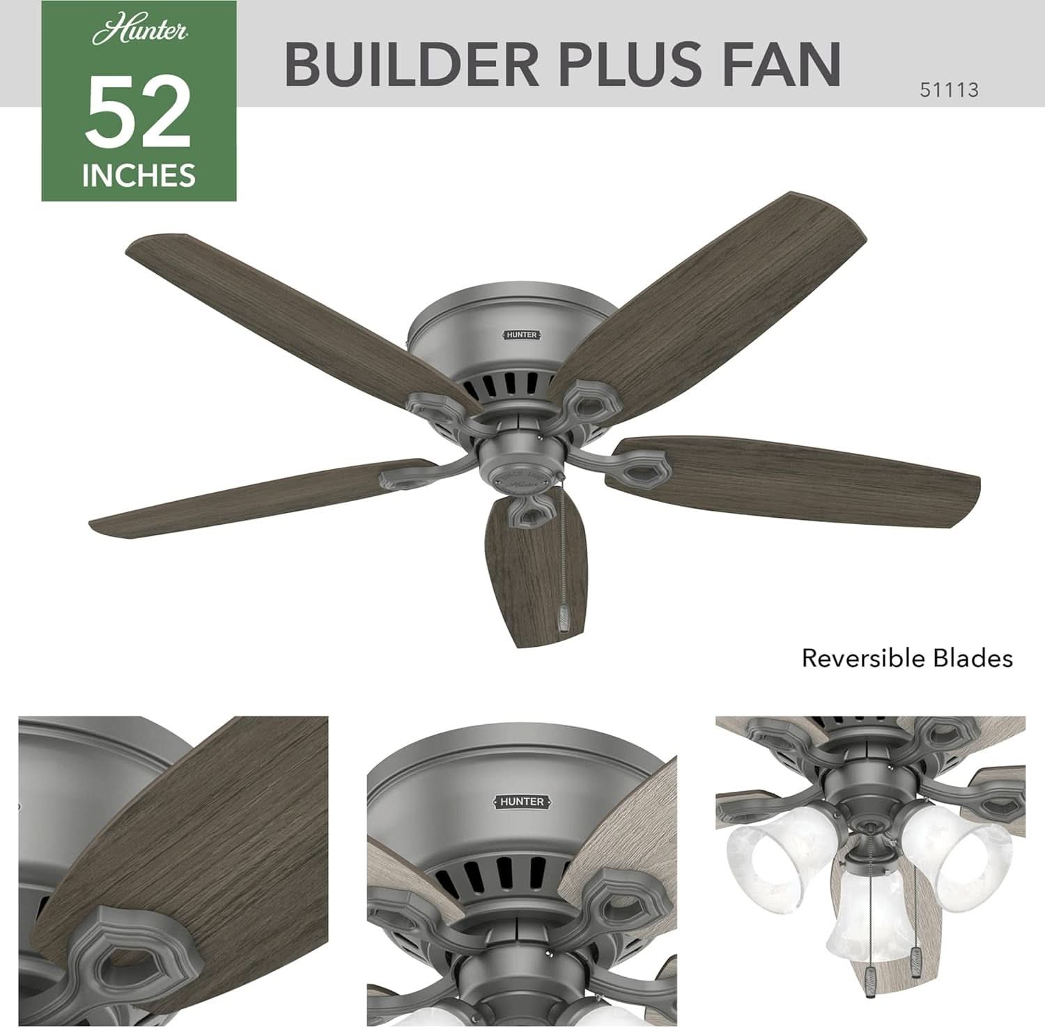 52 Inch Matte Silver LED Ceiling Fan With Integrated Light