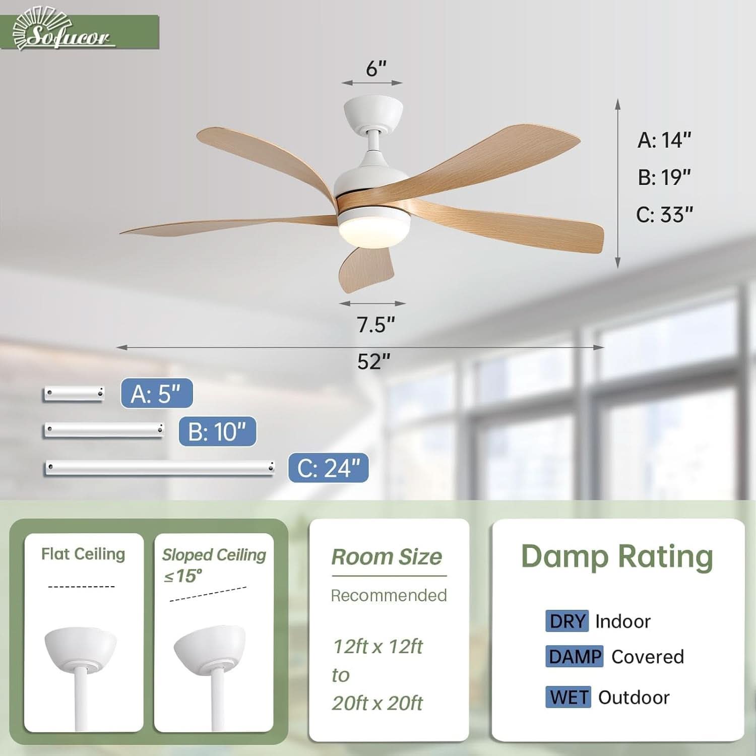 52 Inch Outdoor Ceiling Fan With Dimmable LED Light Remote