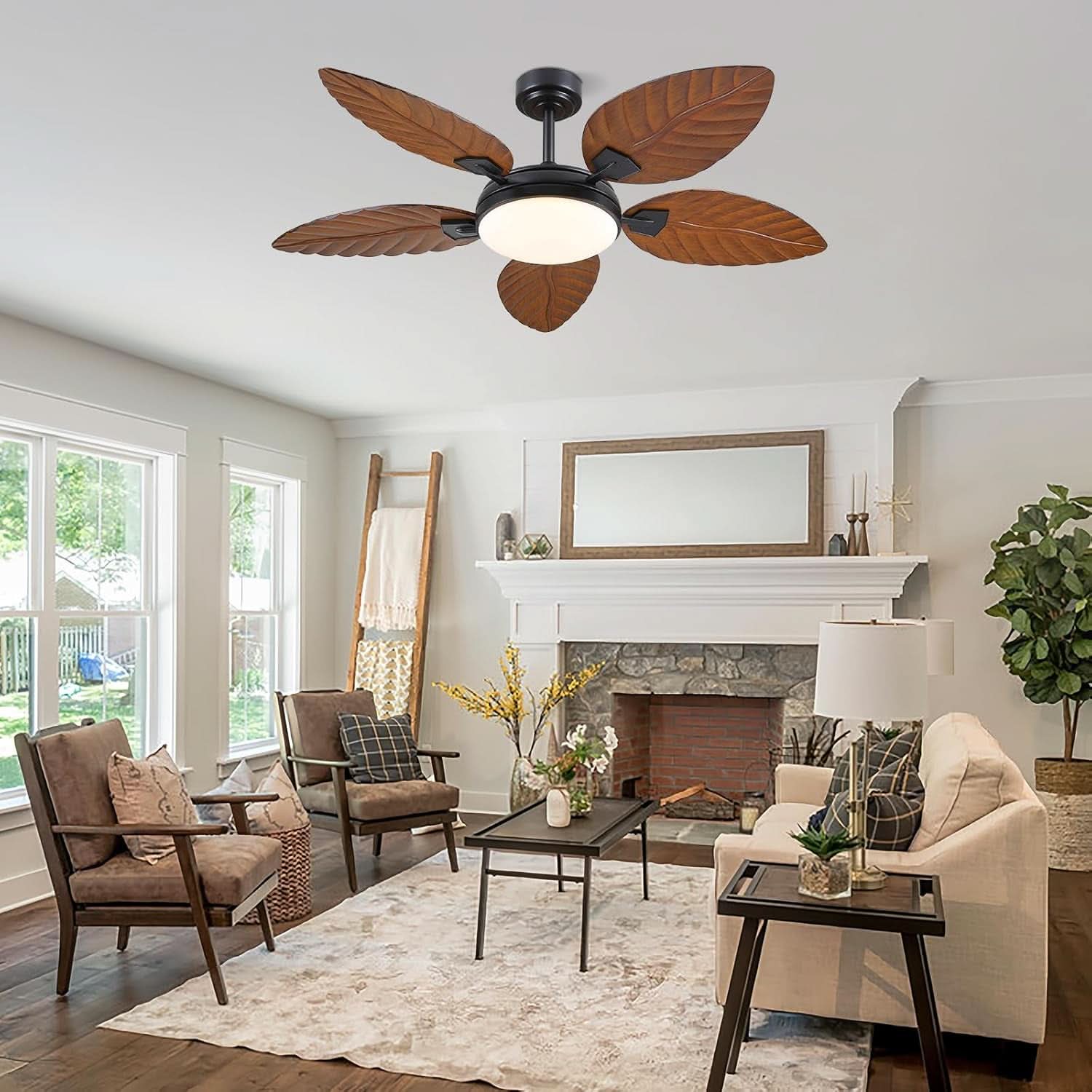 52 Inch Outdoor Palm Leaf Ceiling Fan With Dimmable LED