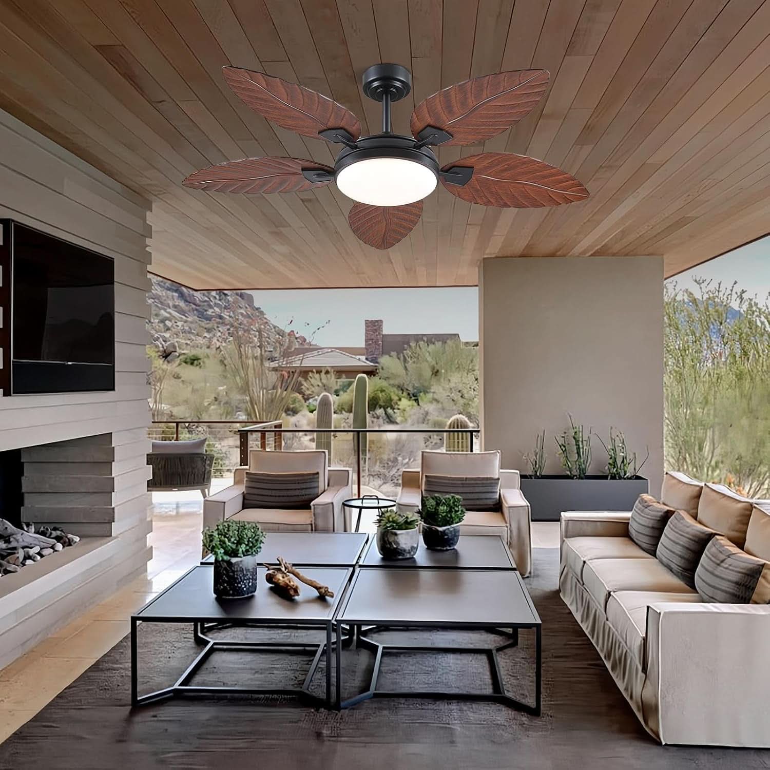 52 Inch Outdoor Palm Leaf Ceiling Fan With Dimmable LED