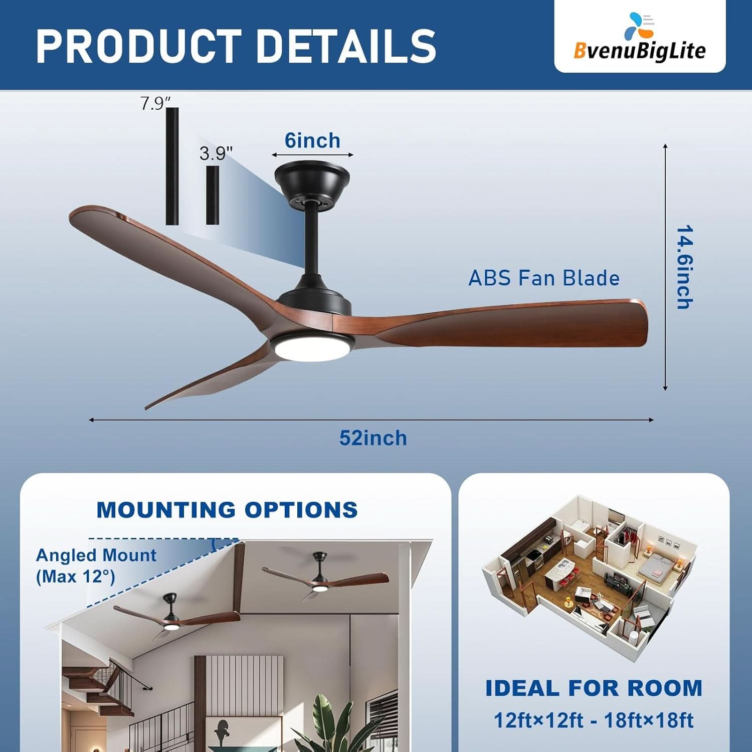 52 Inch Outdoor Weather Resistant Ceiling Fan With LED