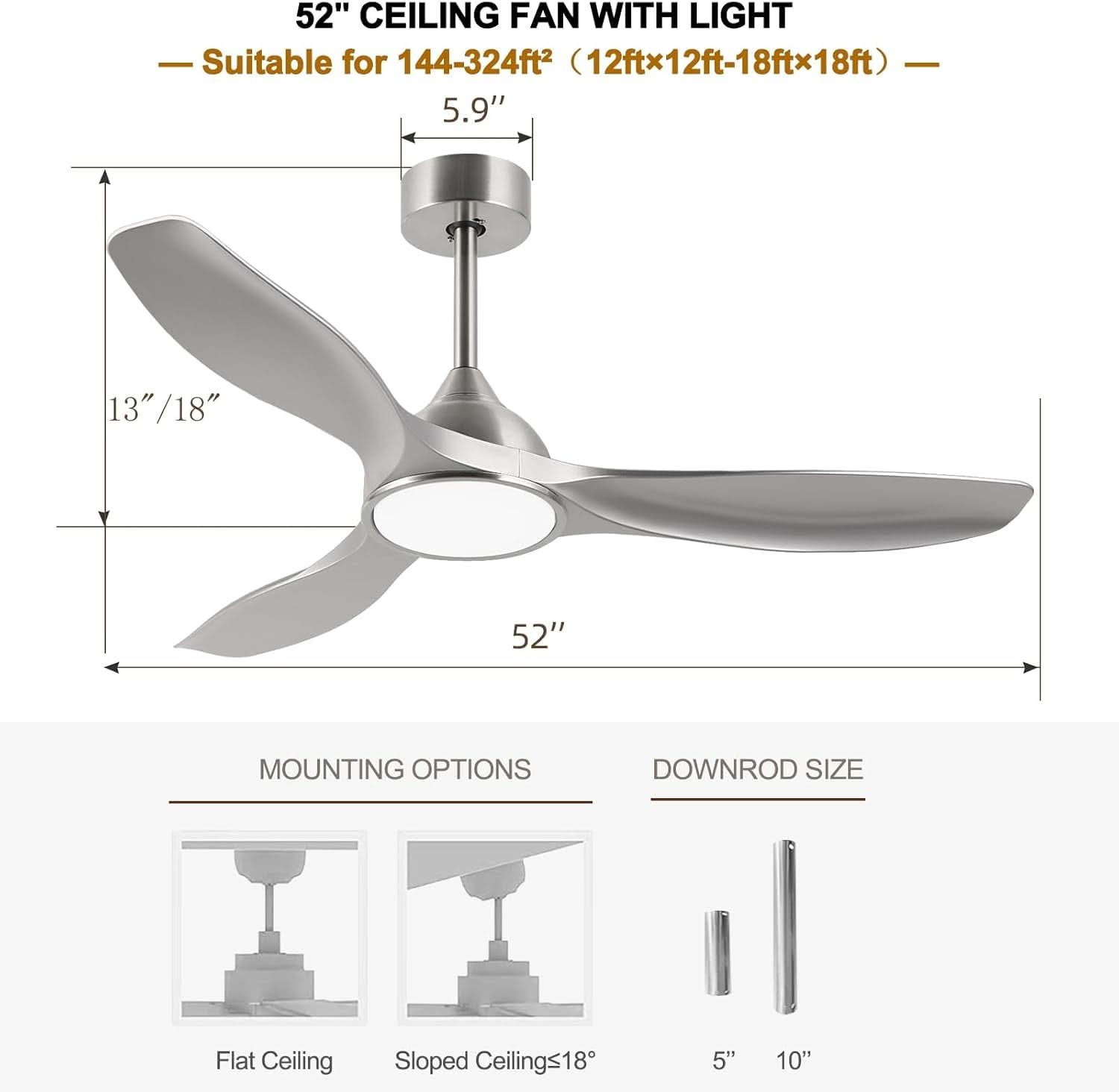 52 Inch Quiet DC Motor Ceiling Fan With LED Lights Remote Control