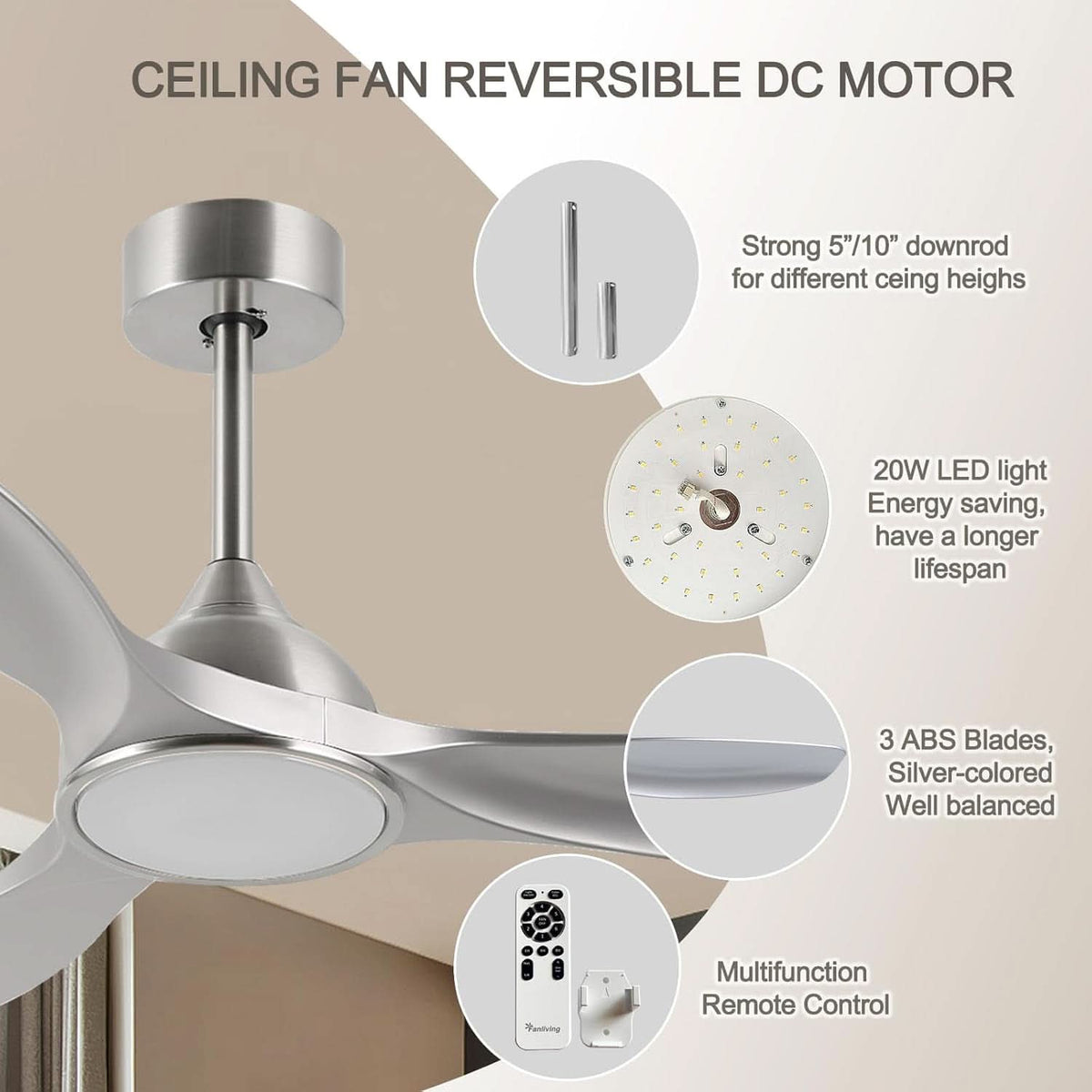 52 Inch Quiet DC Motor Ceiling Fan With LED Lights Remote Control