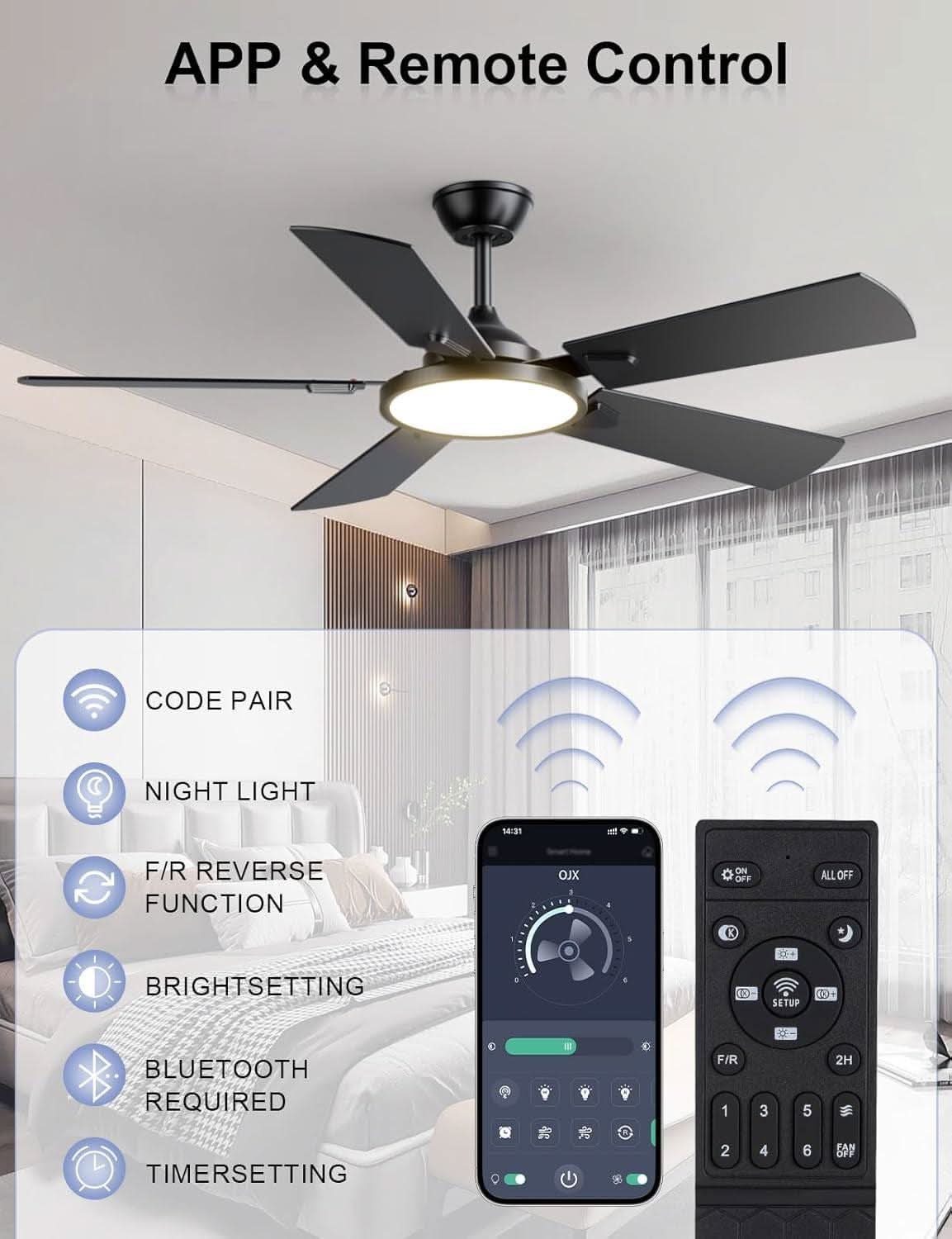 52 Inch Smart Ceiling Fan With Light App Control Remote