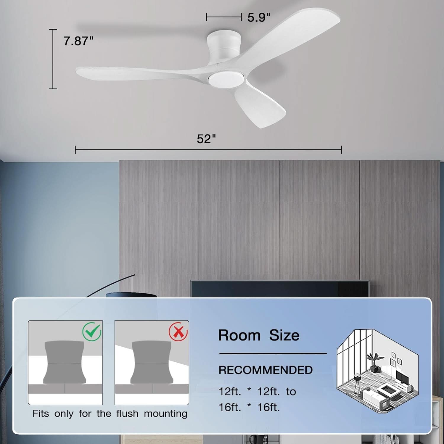 52 Inch Smart Low Profile Ceiling Fan With Remote Control