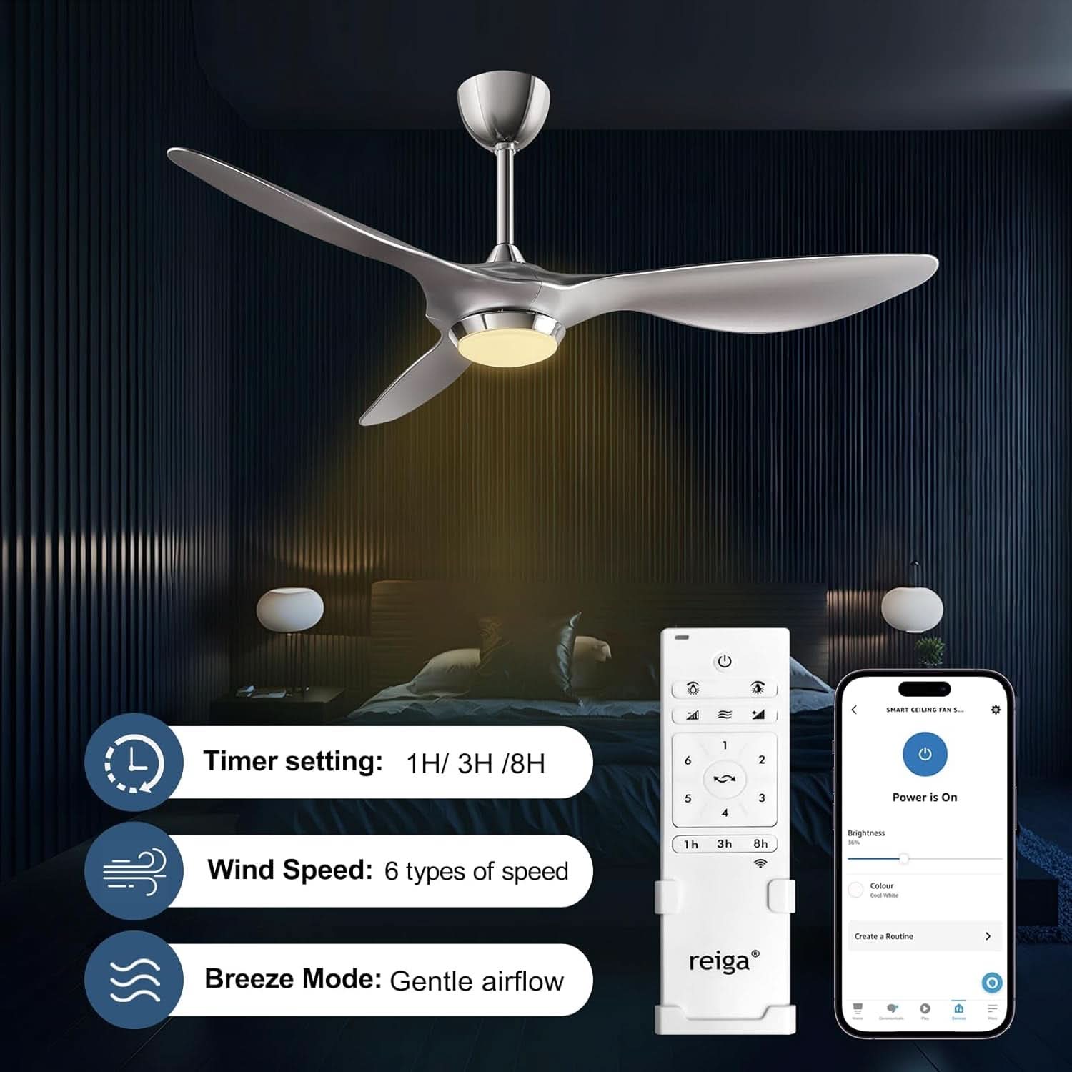 52 Inch Smart WiFi Ceiling Fan With Light And Remote Silver