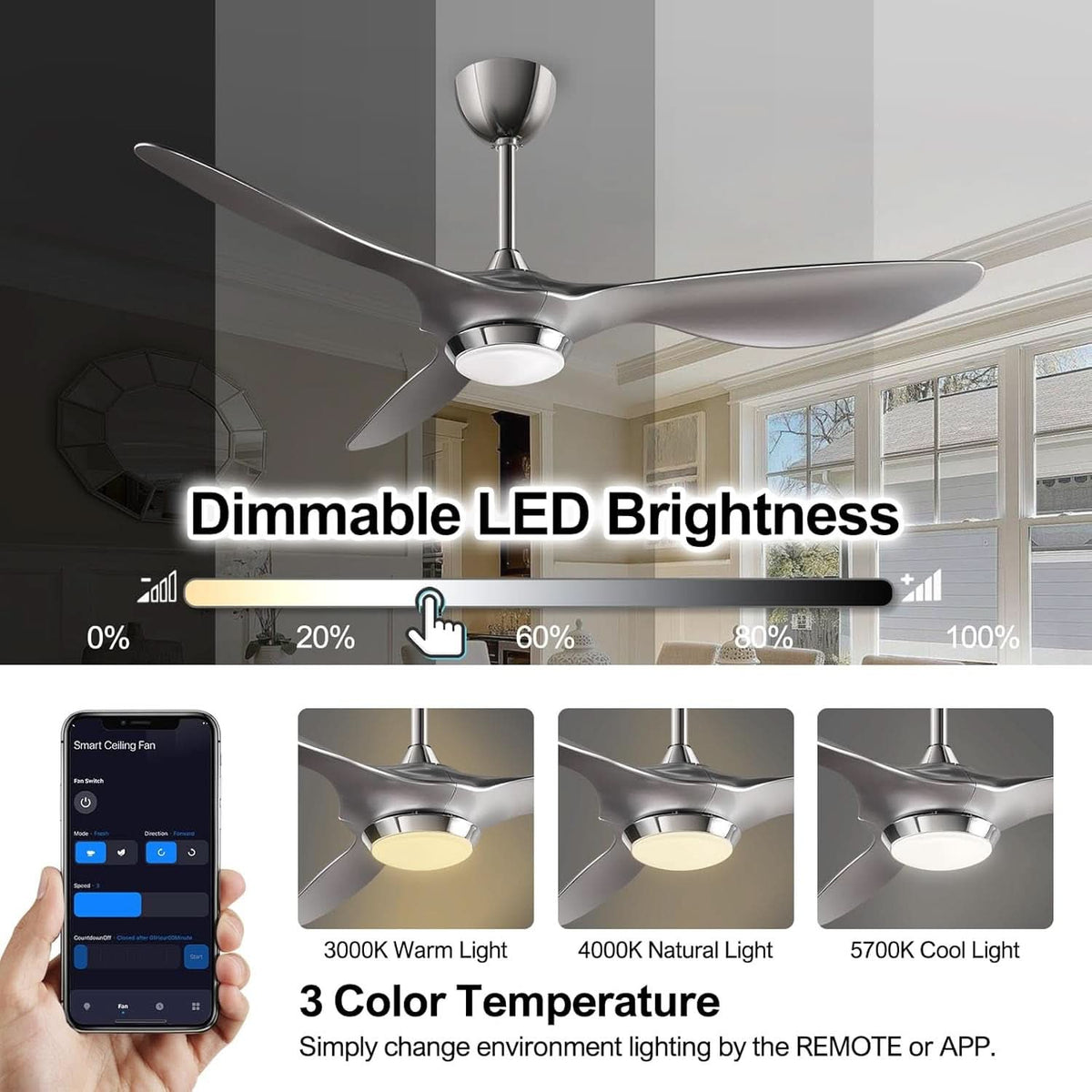 52 Inch Smart WiFi Ceiling Fan With Light And Remote Silver