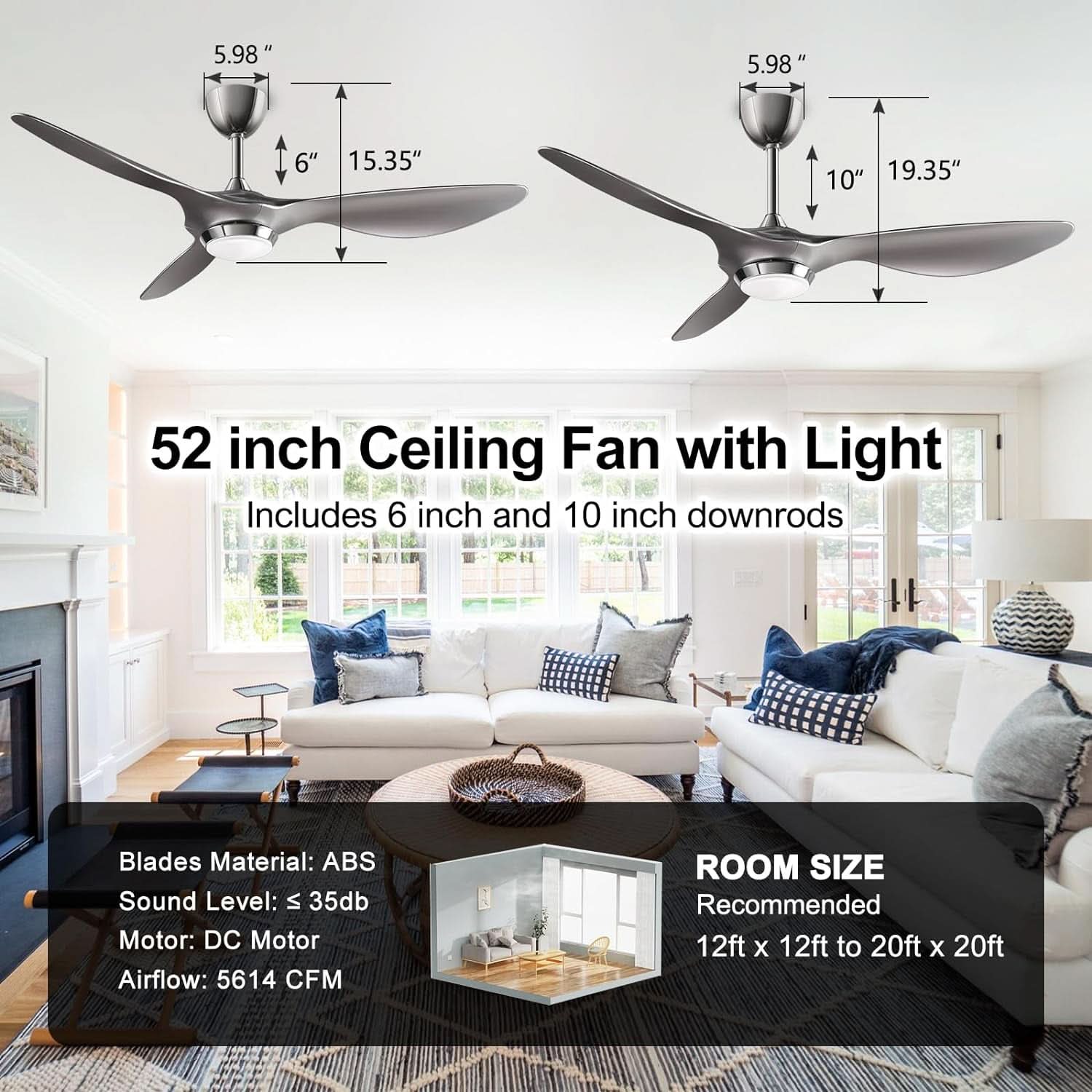 52 Inch Smart WiFi Ceiling Fan With Light And Remote Silver
