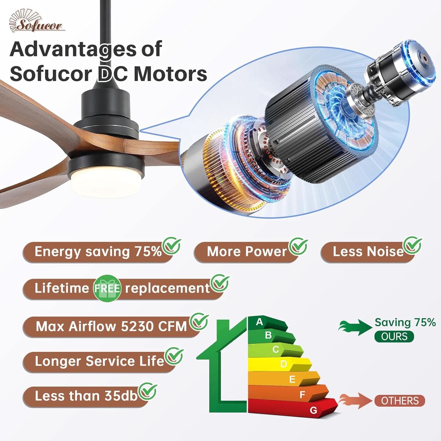 52 Inch Solid Wood Ceiling Fan With Remote Light DC Motor