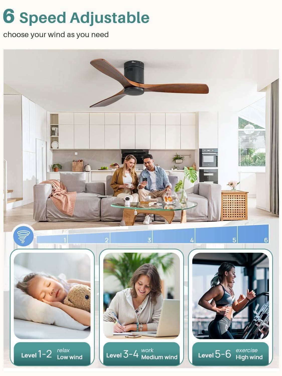 52 Inch Solid Wood Flush Mount Ceiling Fan With Remote