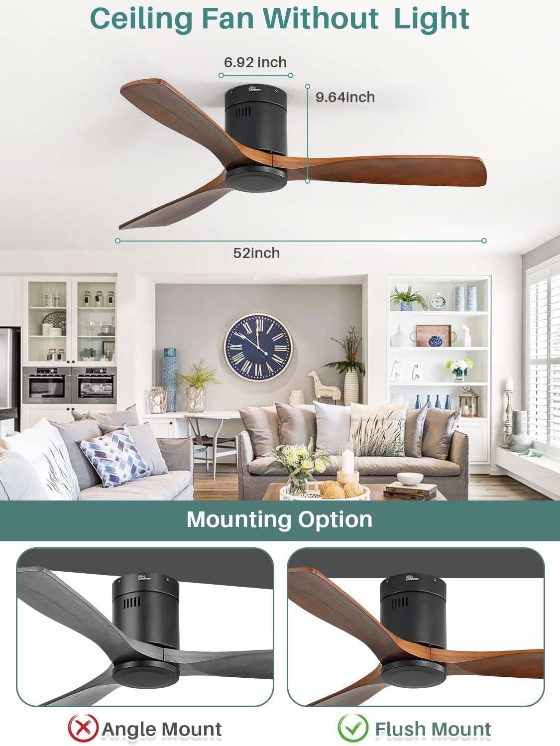 52 Inch Solid Wood Flush Mount Ceiling Fan With Remote