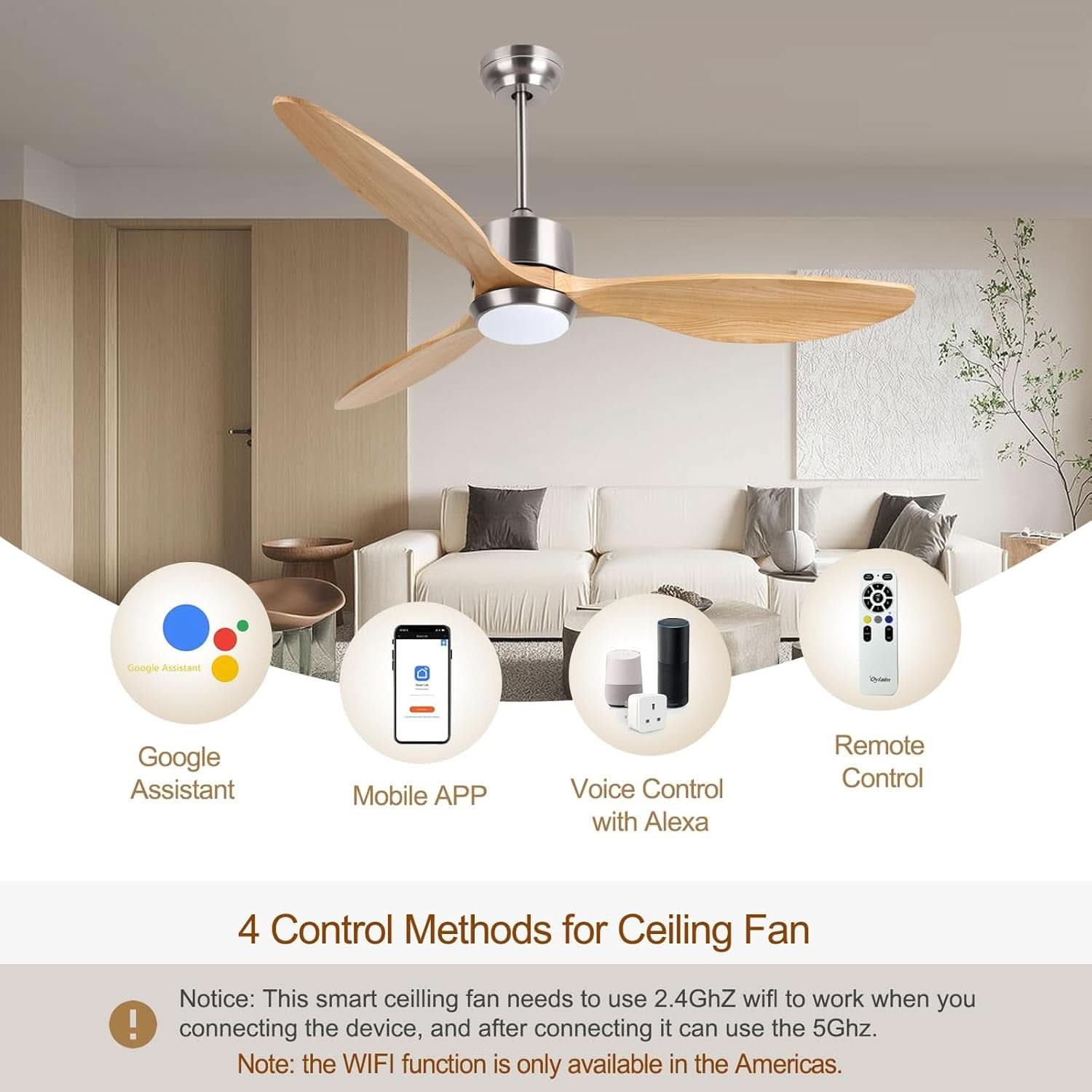 52 Inch Walnut Ceiling Fan With Dimmable LED Remote