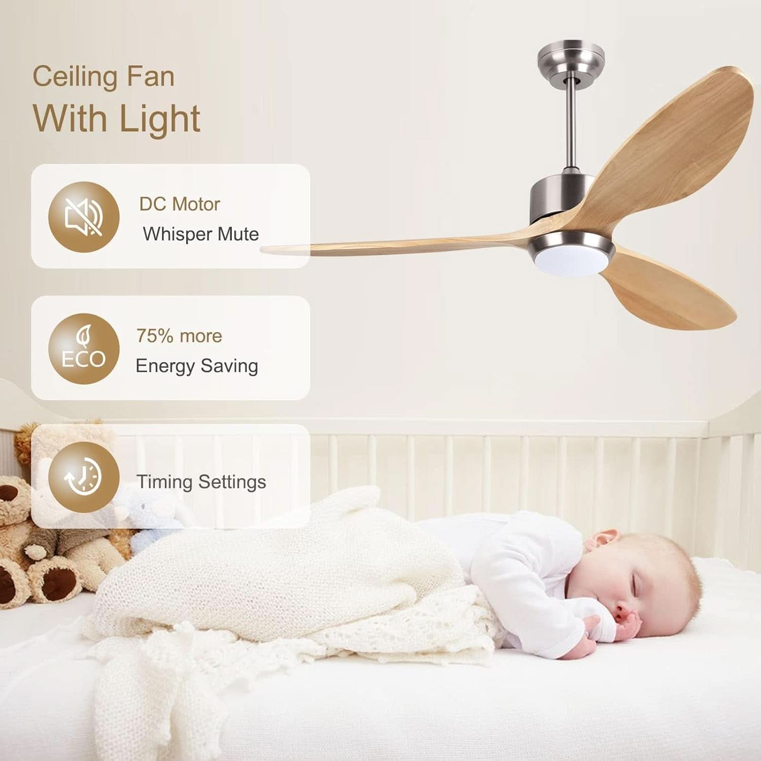 52 Inch Walnut Ceiling Fan With Dimmable LED Remote