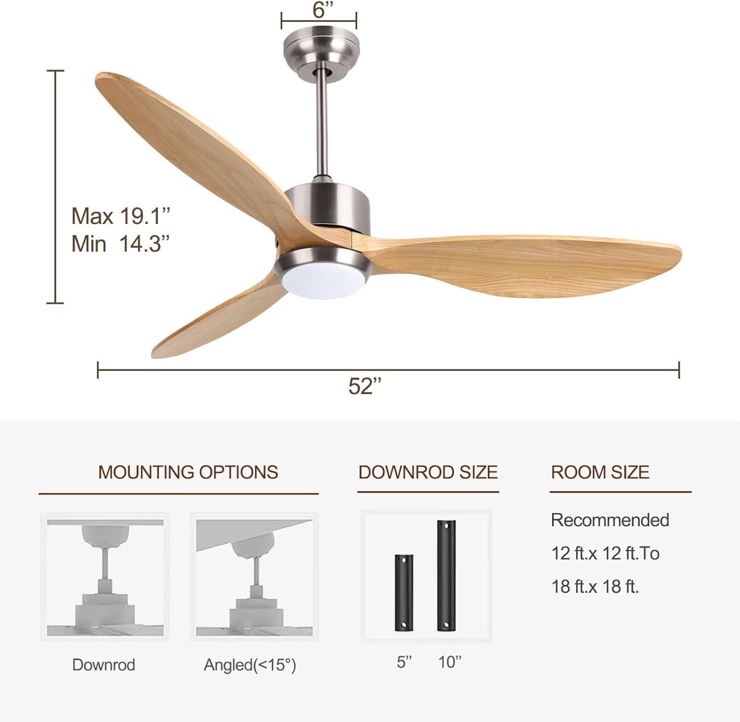 52 Inch Walnut Ceiling Fan With Dimmable LED Remote
