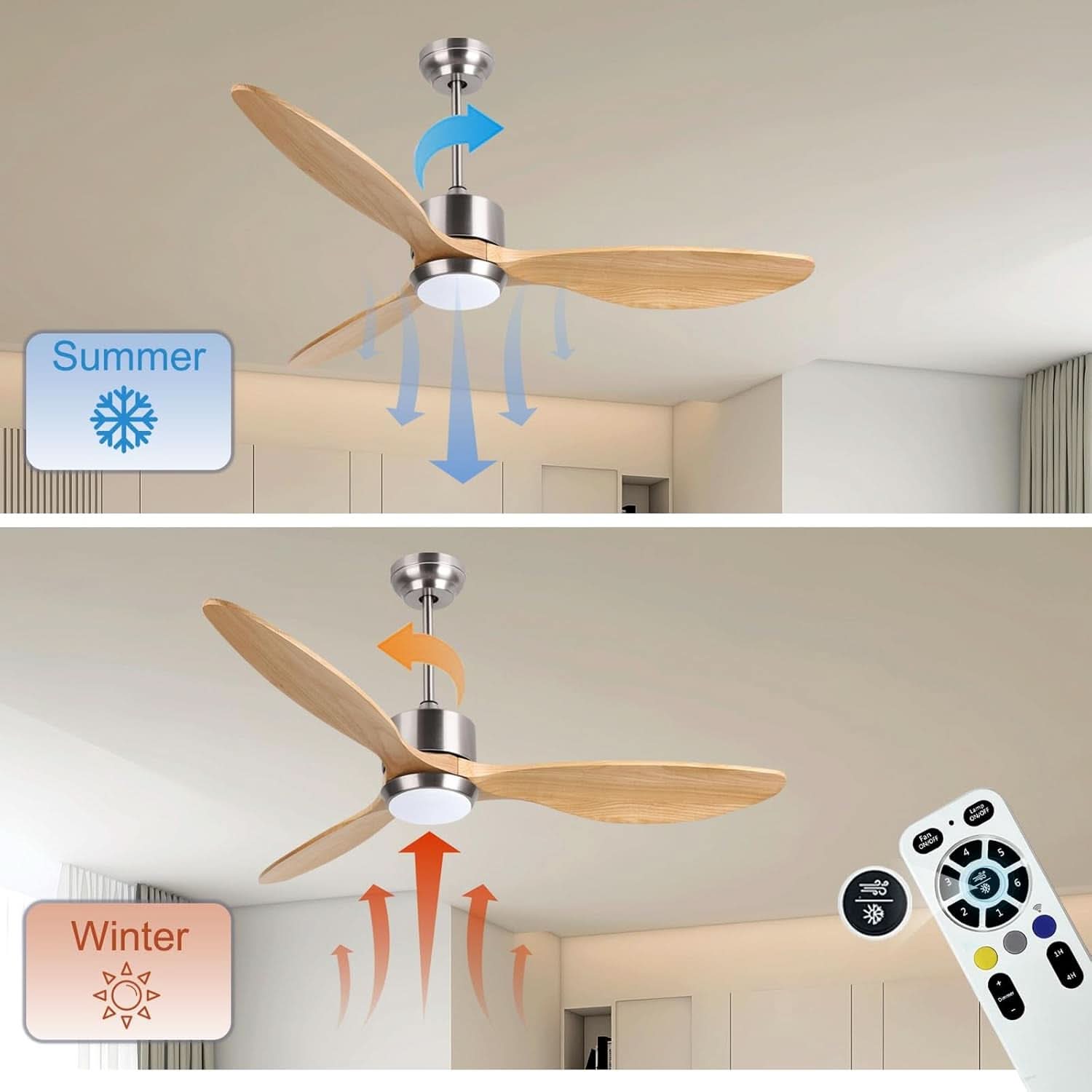 52 Inch Walnut Ceiling Fan With Dimmable LED Remote