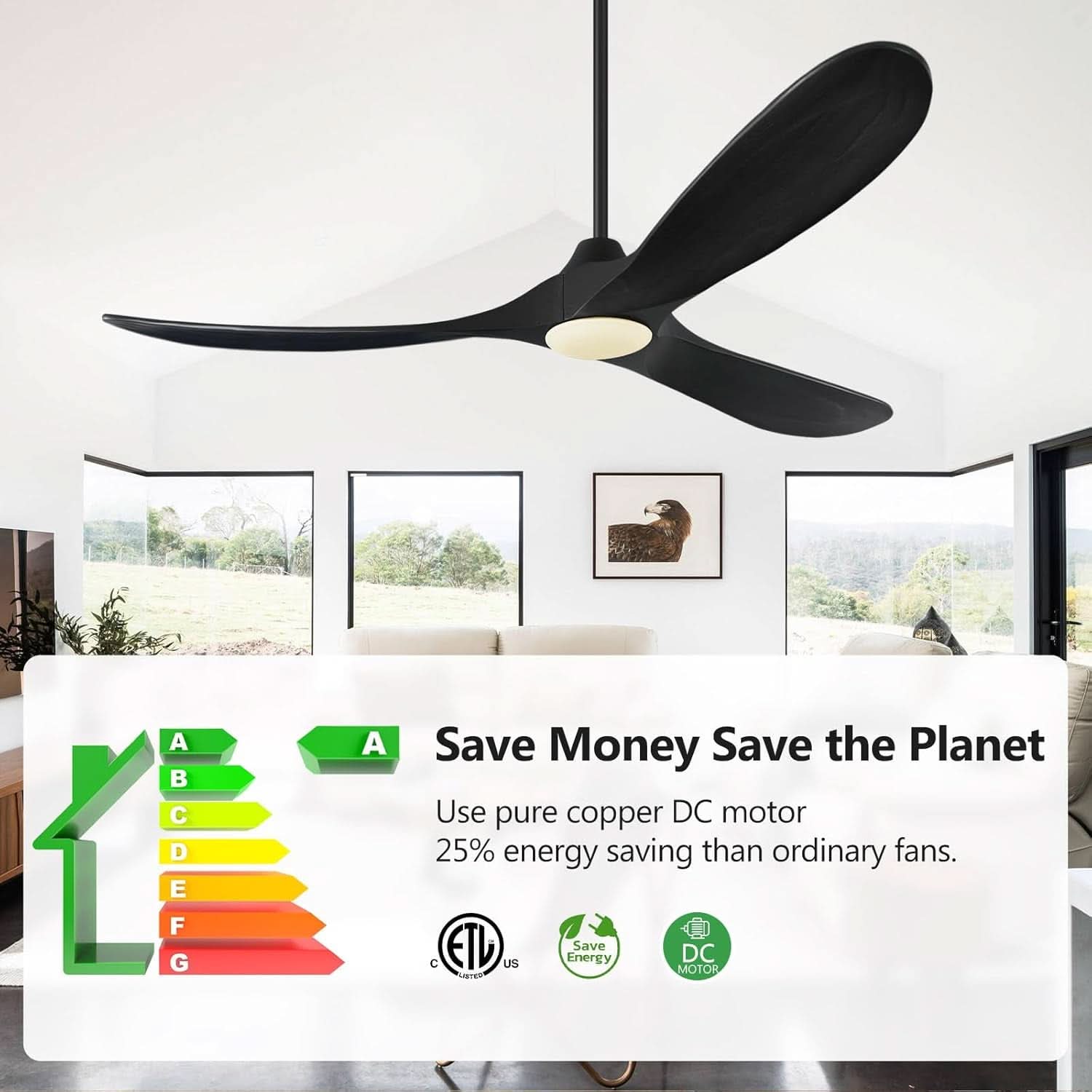 52 Inch Walnut Wood Ceiling Fan With Remote And LED Light