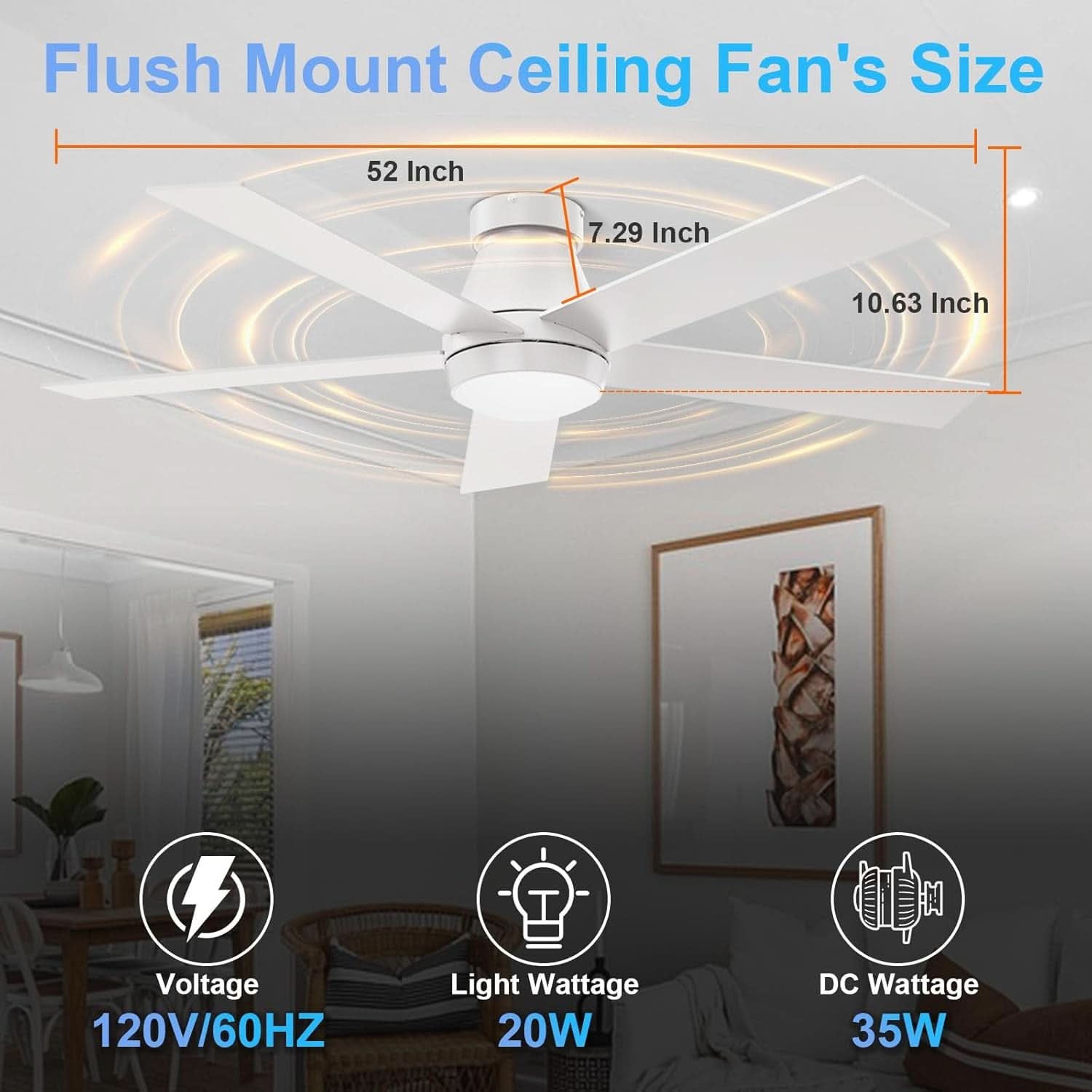 52 Inch White Ceiling Fan With Dimmable LED Lights