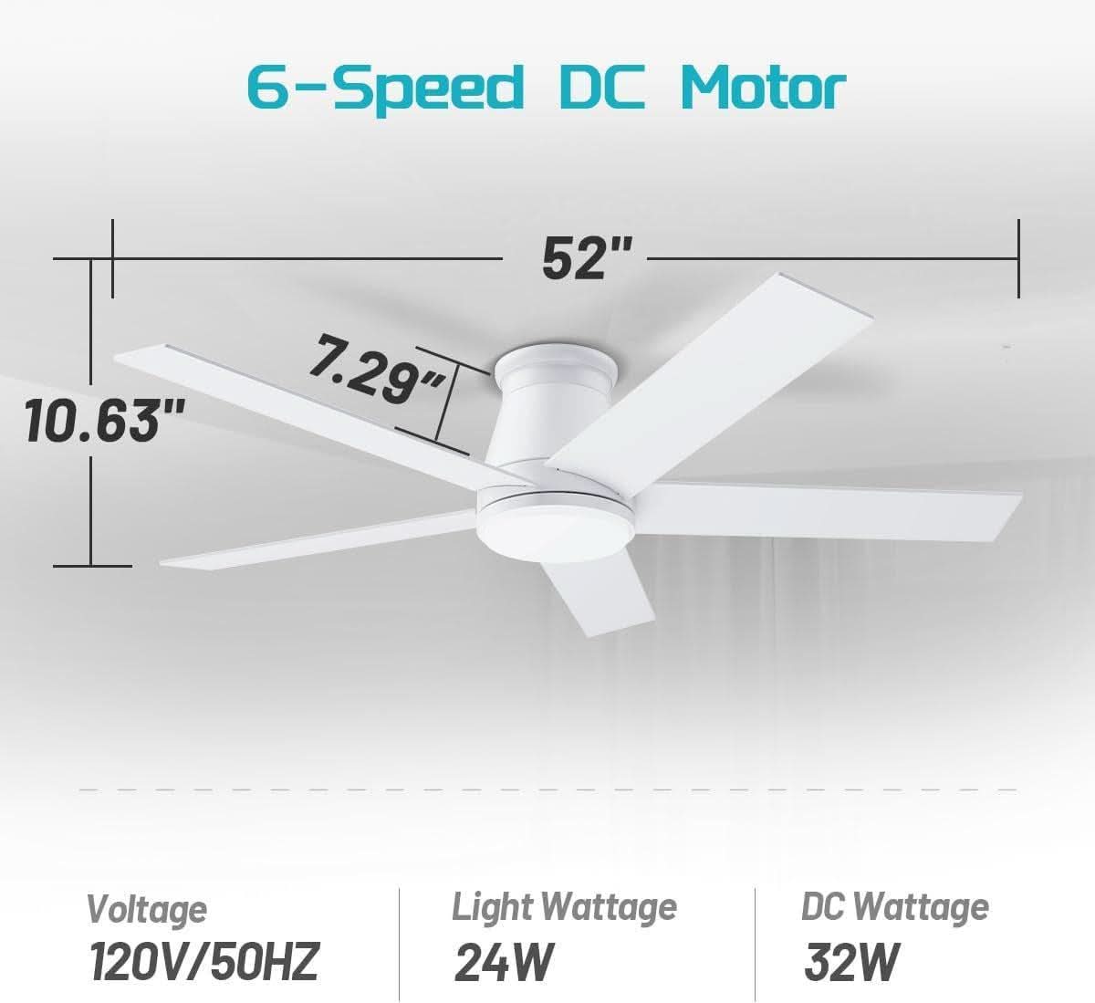 52 Inch White Ceiling Fan With Light Six Speed DC Motor
