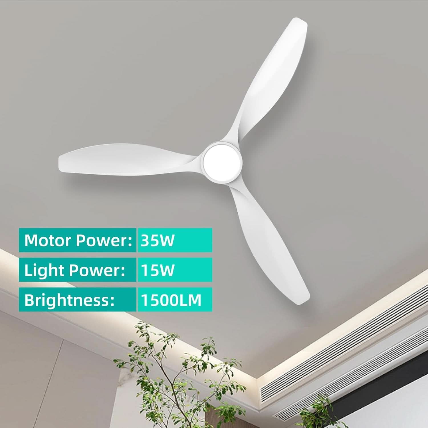 52 Inch White Energy Efficient Ceiling Fan With LED Light