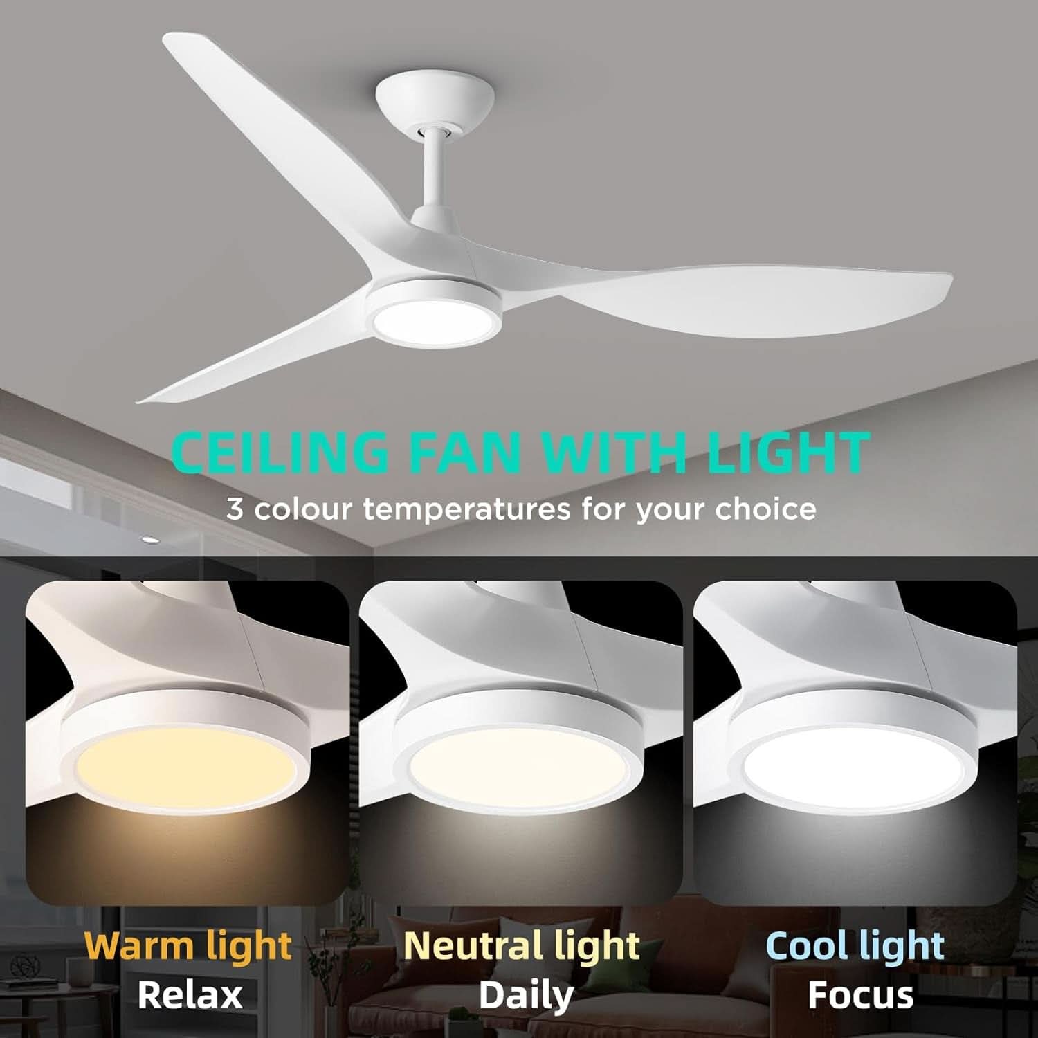 52 Inch White Energy Efficient Ceiling Fan With LED Light