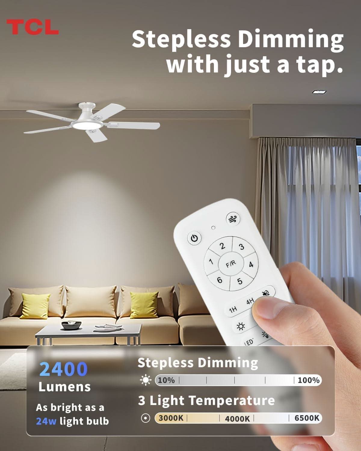 52 Inch White Flush Mount Ceiling Fan With LED Light