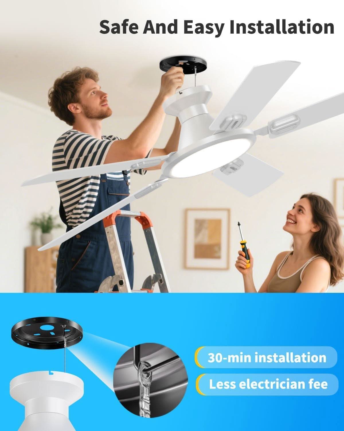 52 Inch White Flush Mount Ceiling Fan With LED Light